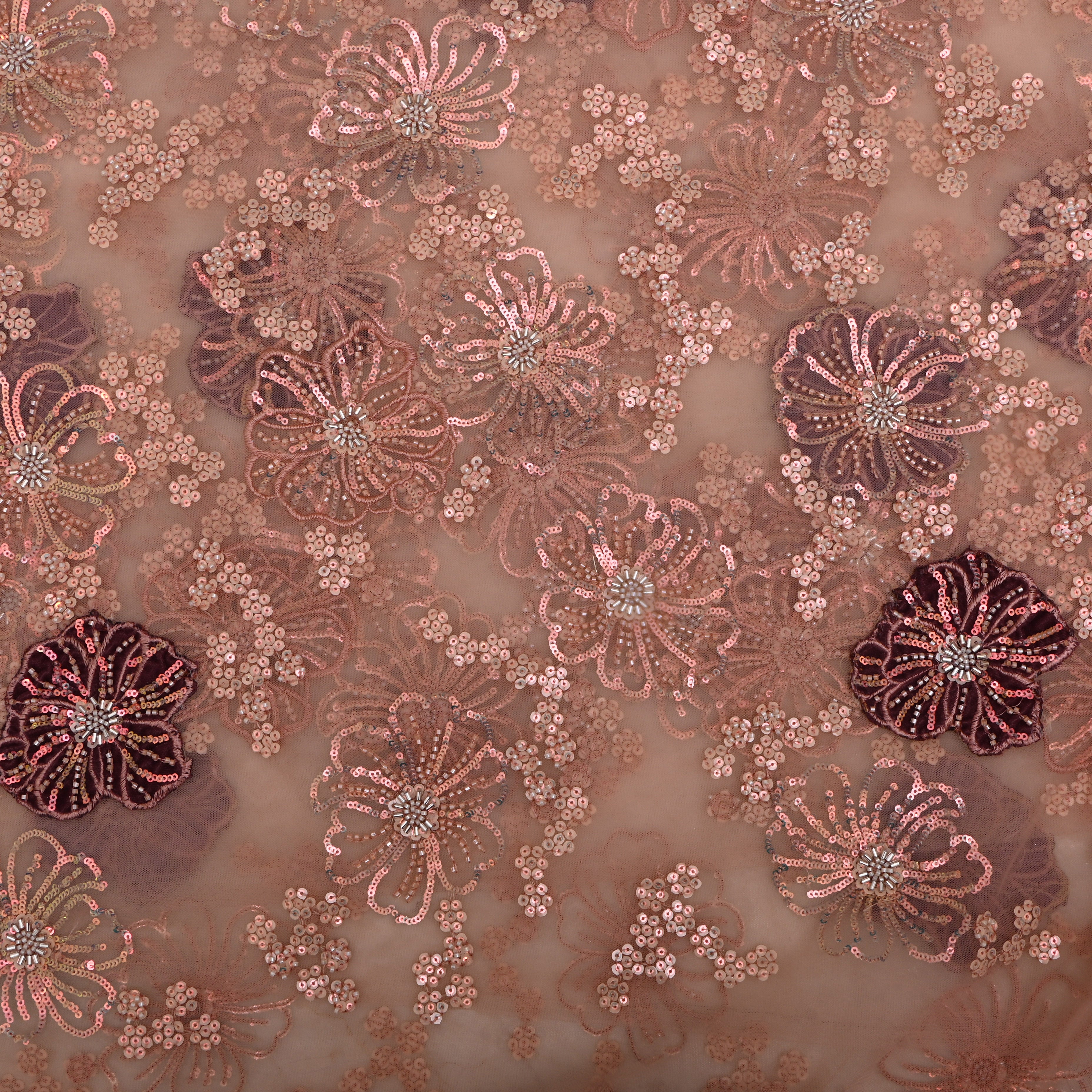 Pastel Pink Floral Embroidered Net Fabric