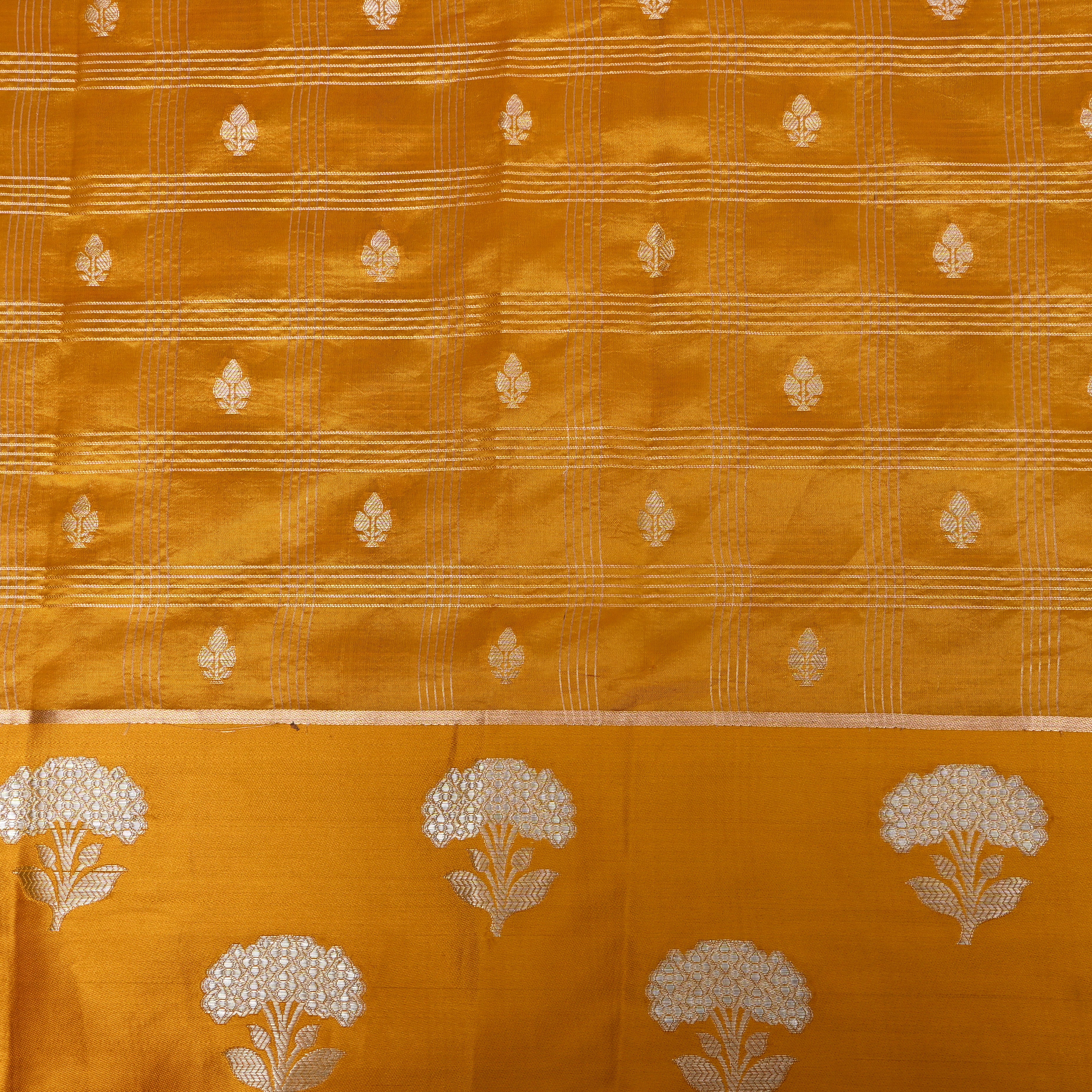 Golden Mustard Jamawar With Striped Weave And Floral Border