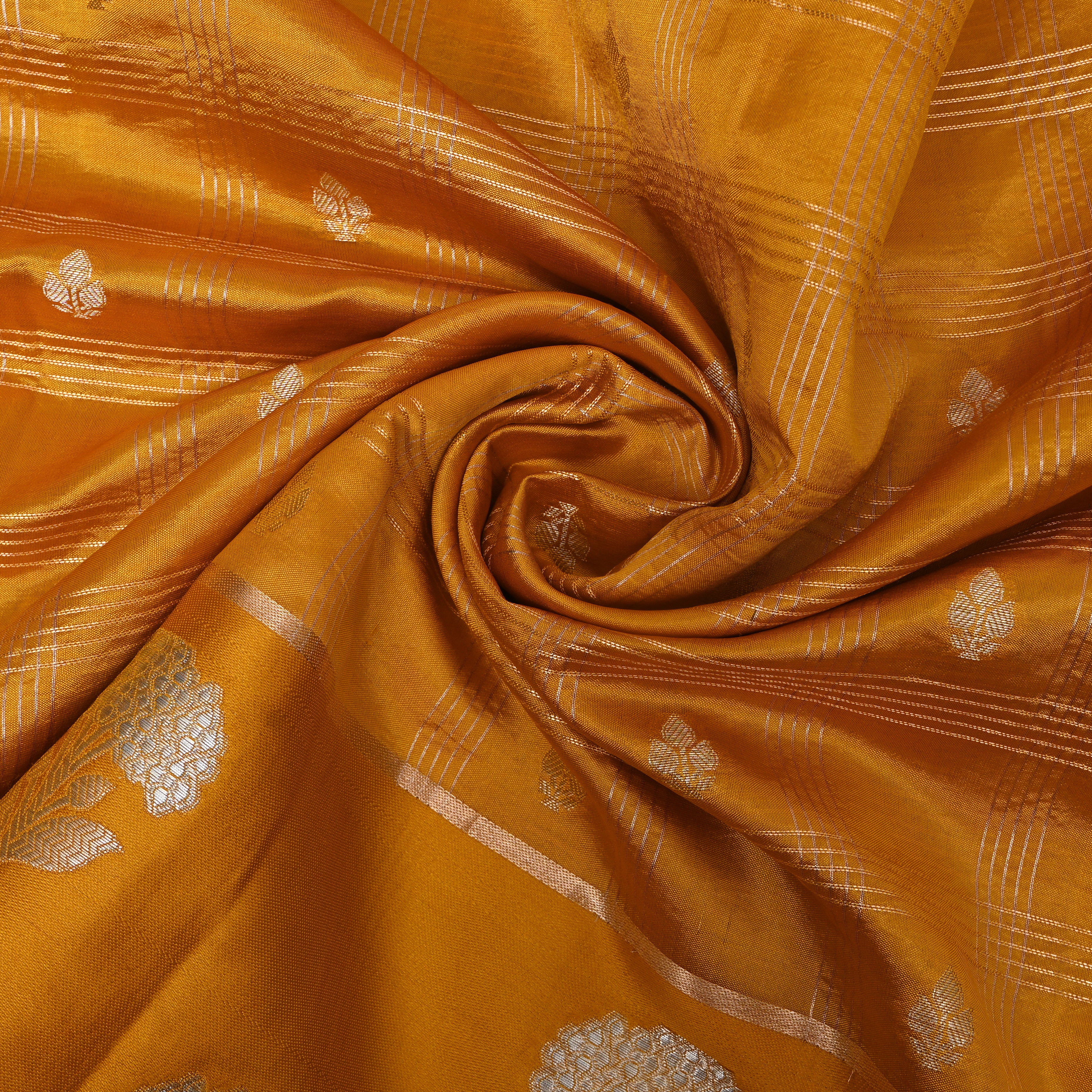 Golden Mustard Jamawar With Striped Weave And Floral Border