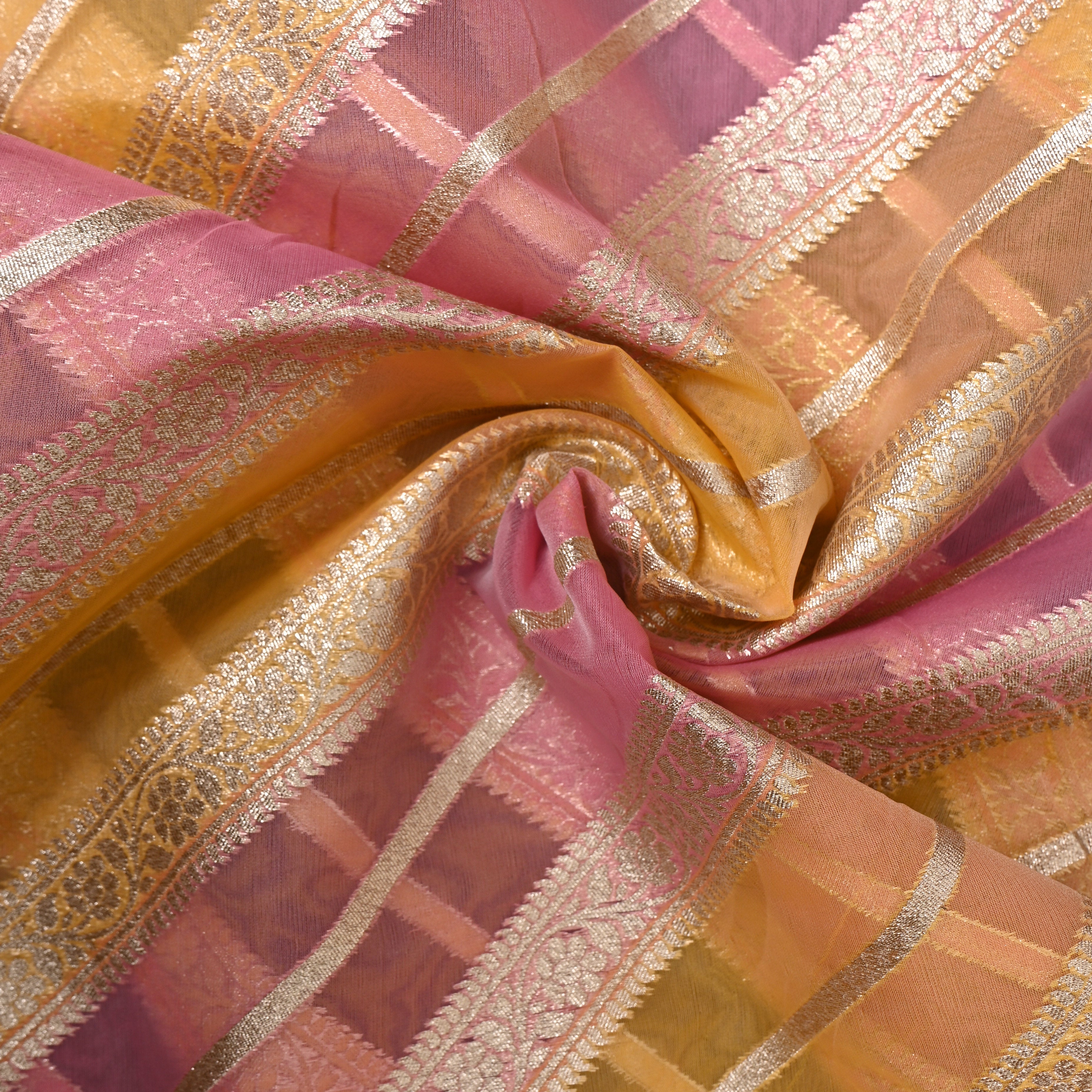 Blush Gold Checked Zari Border Jamawar Fabric