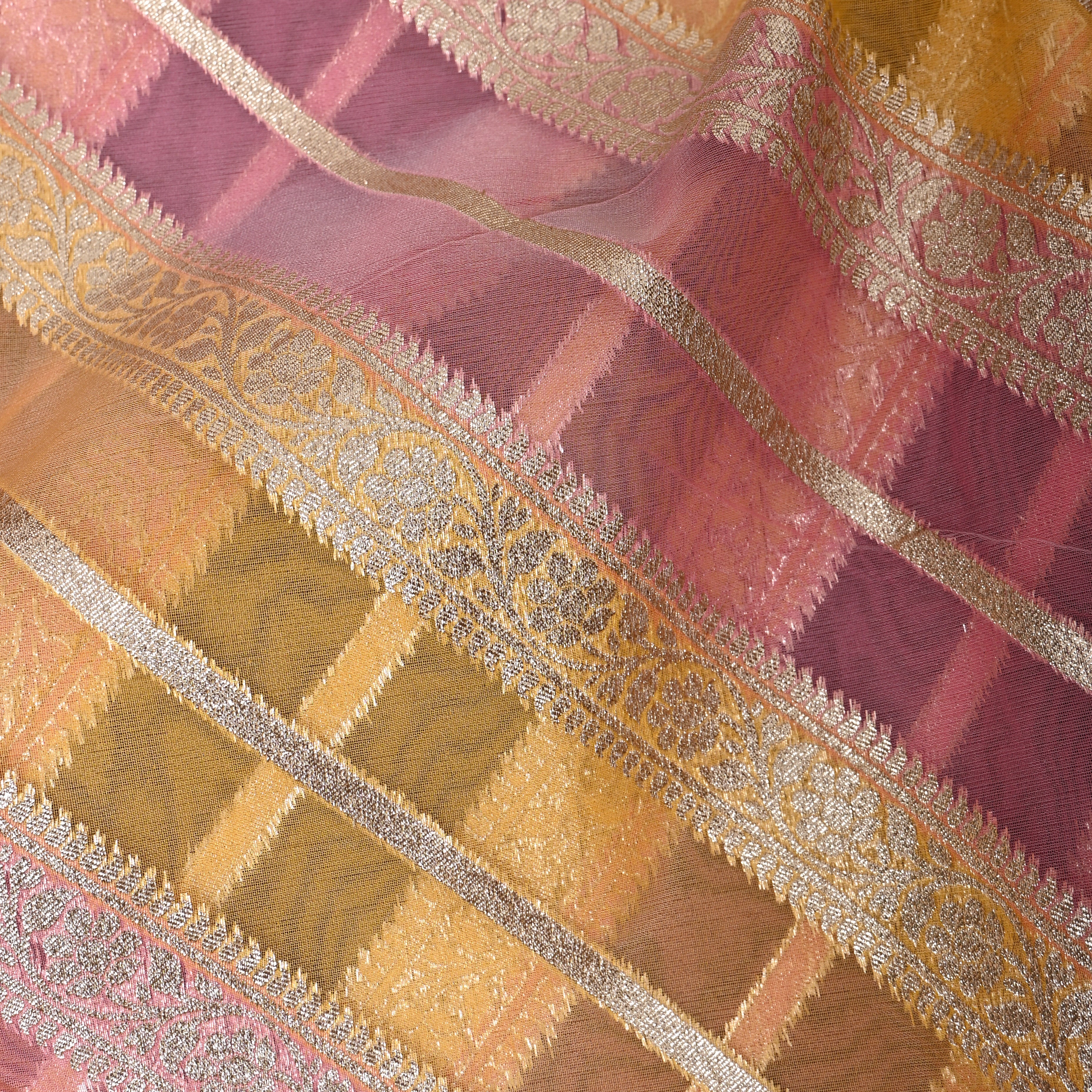 Blush Gold Checked Zari Border Jamawar Fabric
