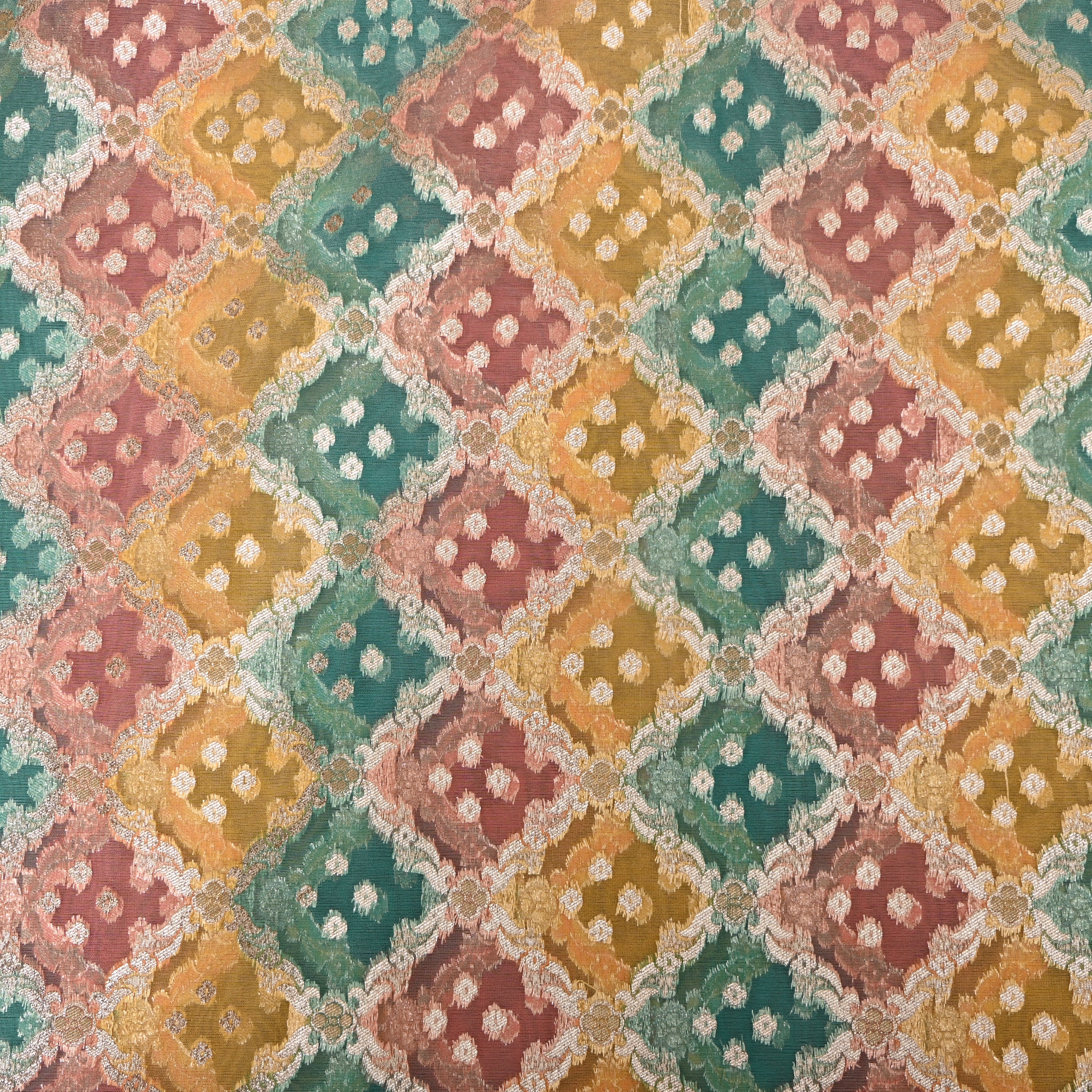 Teal, Pink And Yellow Metallic Textured Jamawar Fabric
