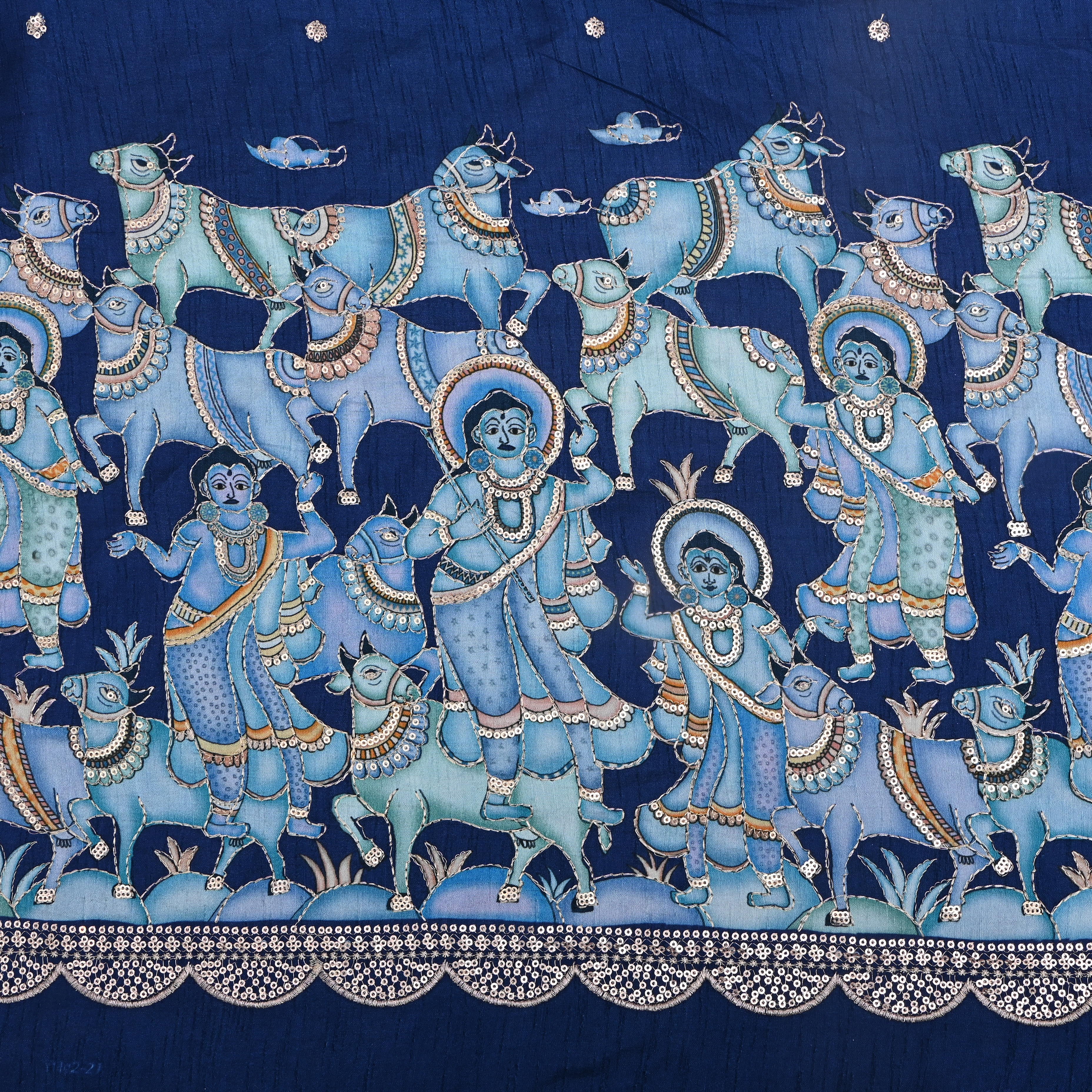 Navy Blue Embroidered Figurative Print Silk Fabric