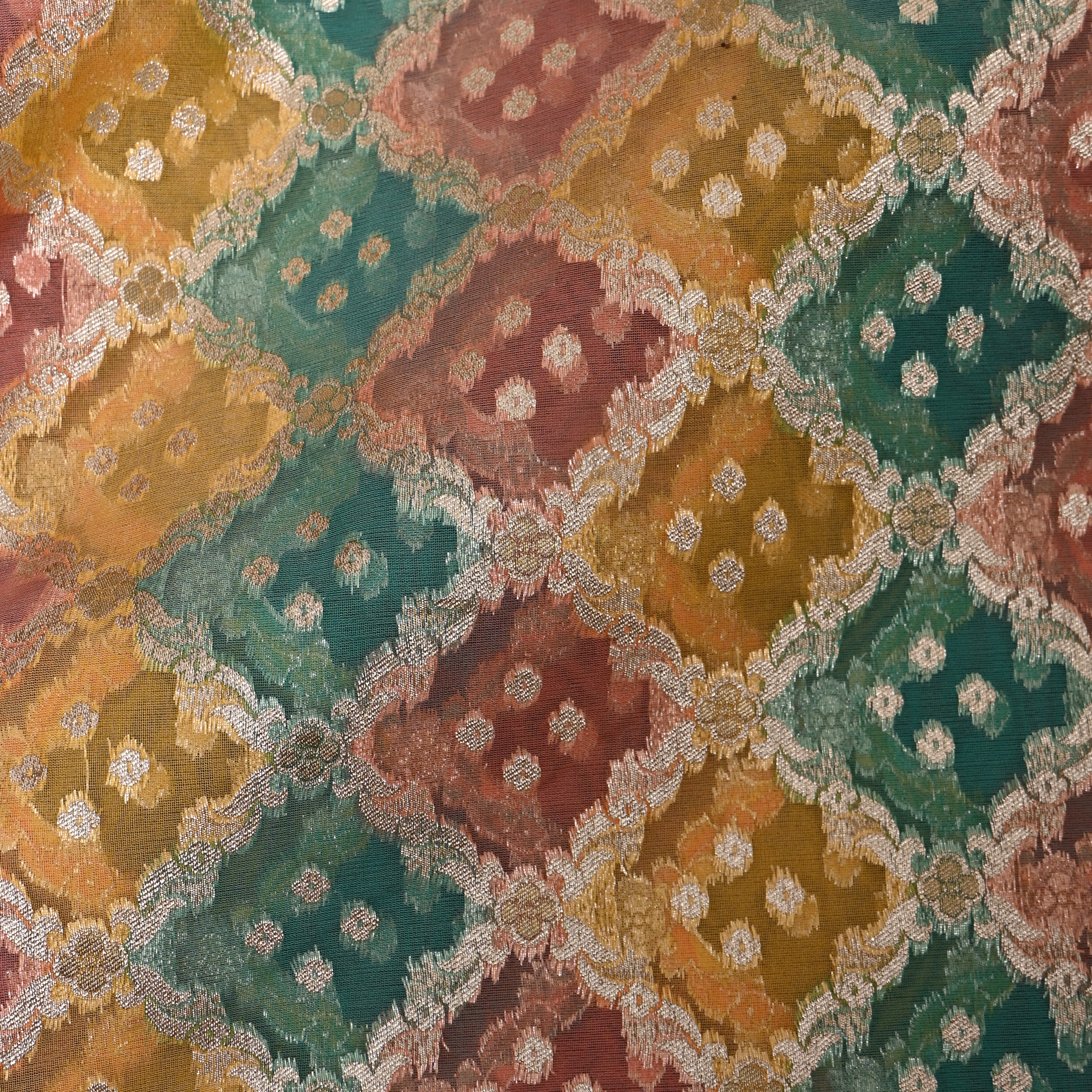 Teal, Pink And Yellow Metallic Textured Jamawar Fabric