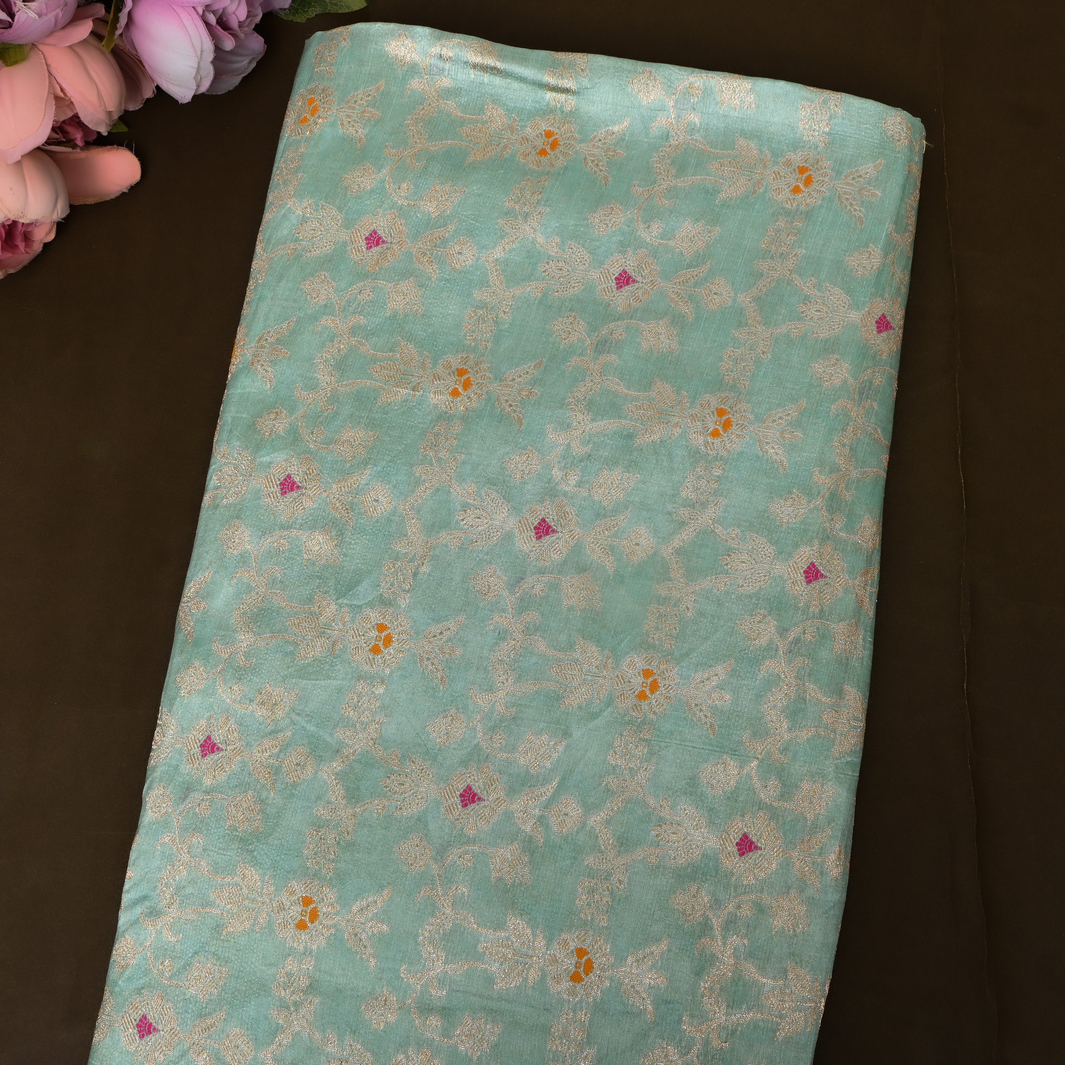 Sea Green Jamawar With Woven Floral Vine And Pink Accents