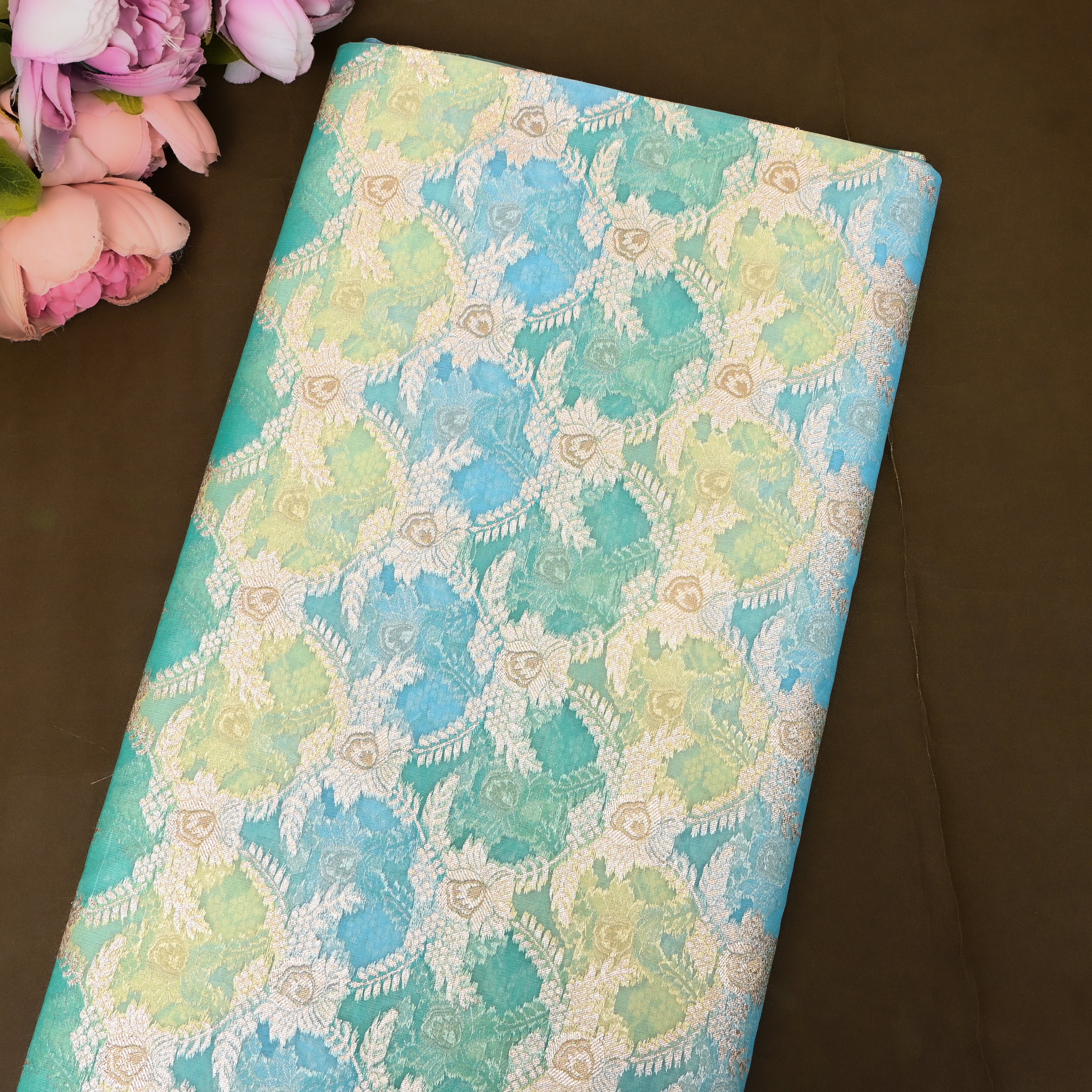 Teal Blue Green Checked Floret Jamawar Fabric
