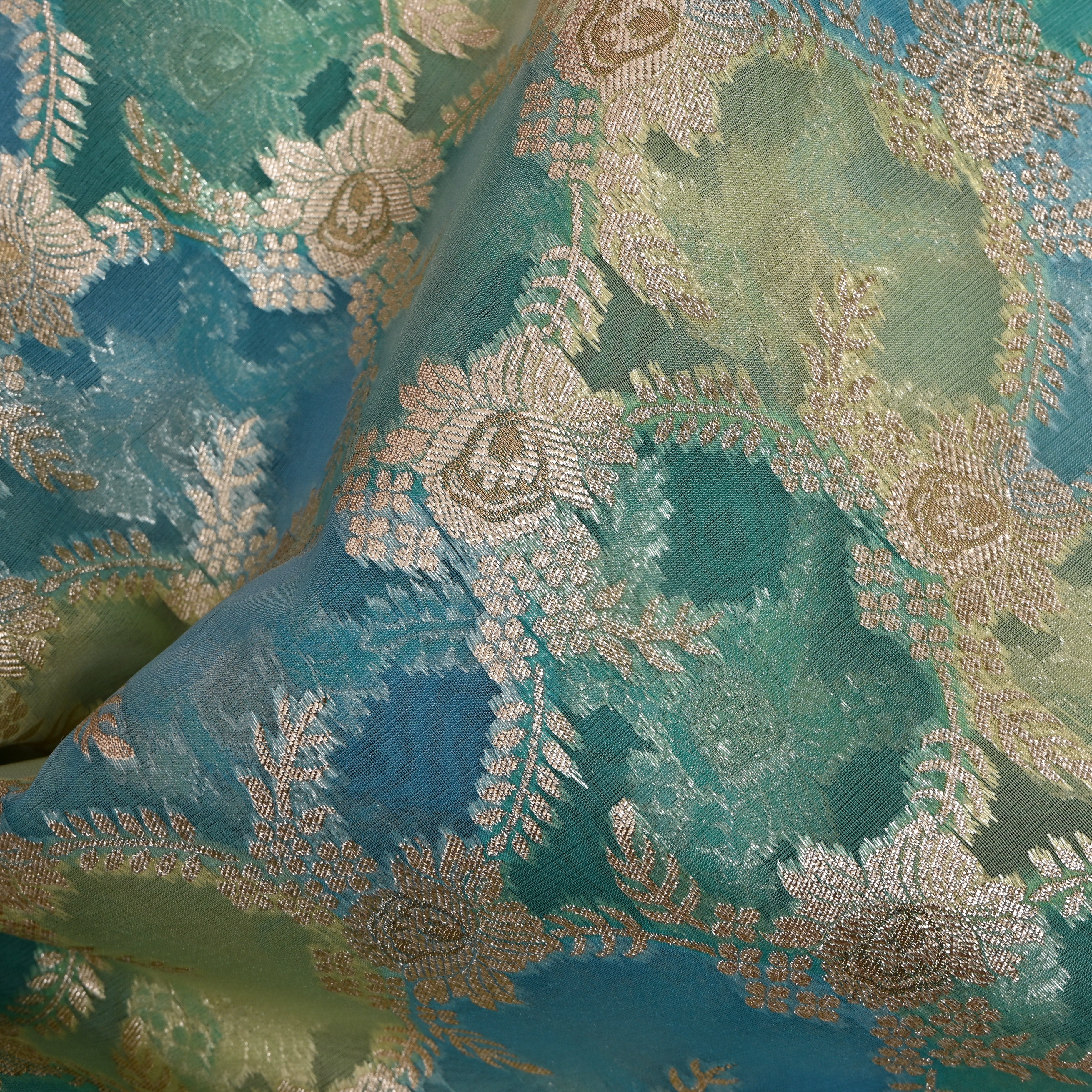 Teal Blue Green Checked Floret Jamawar Fabric