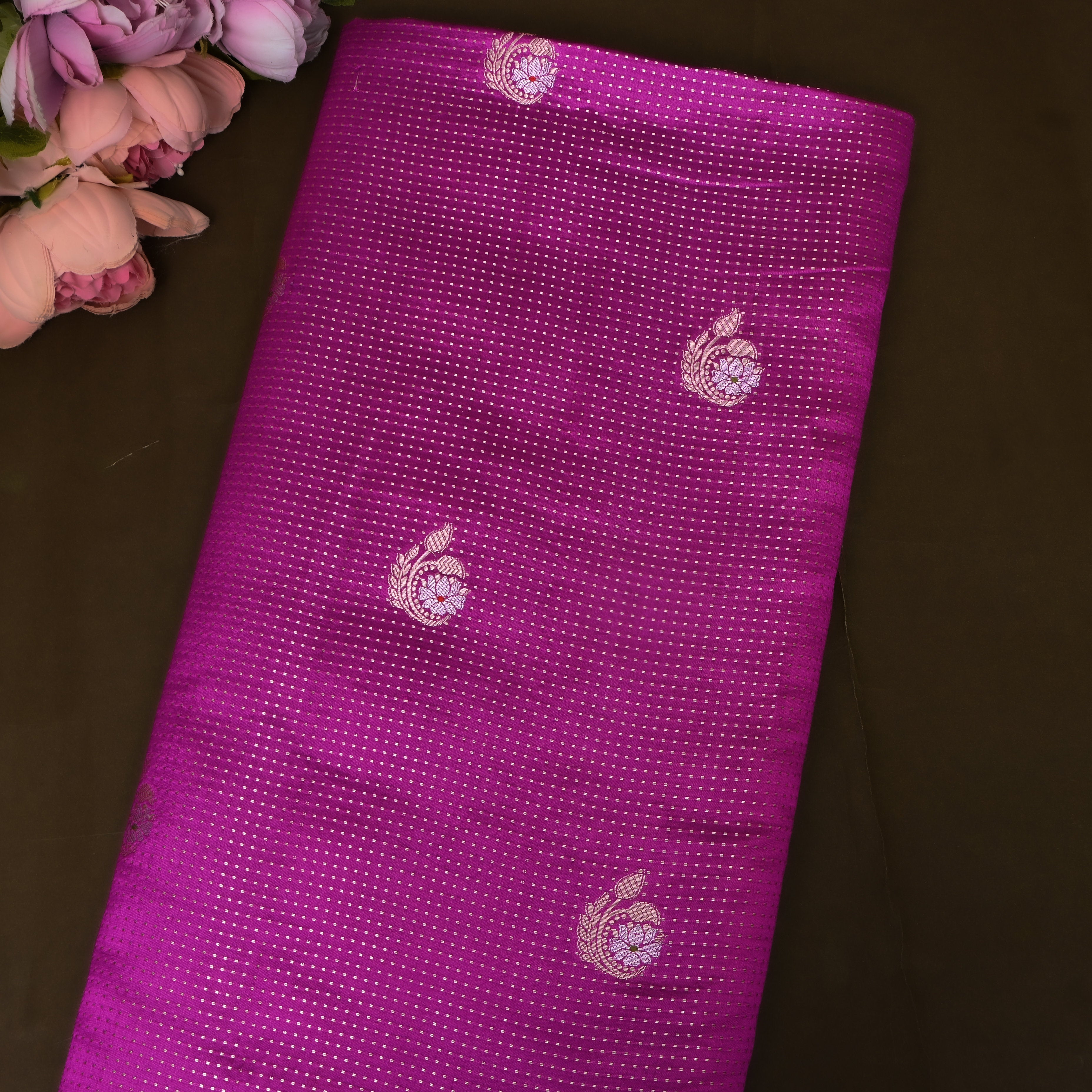 Deep Magenta Jamawar With Woven Floral Butti And Ornate Border