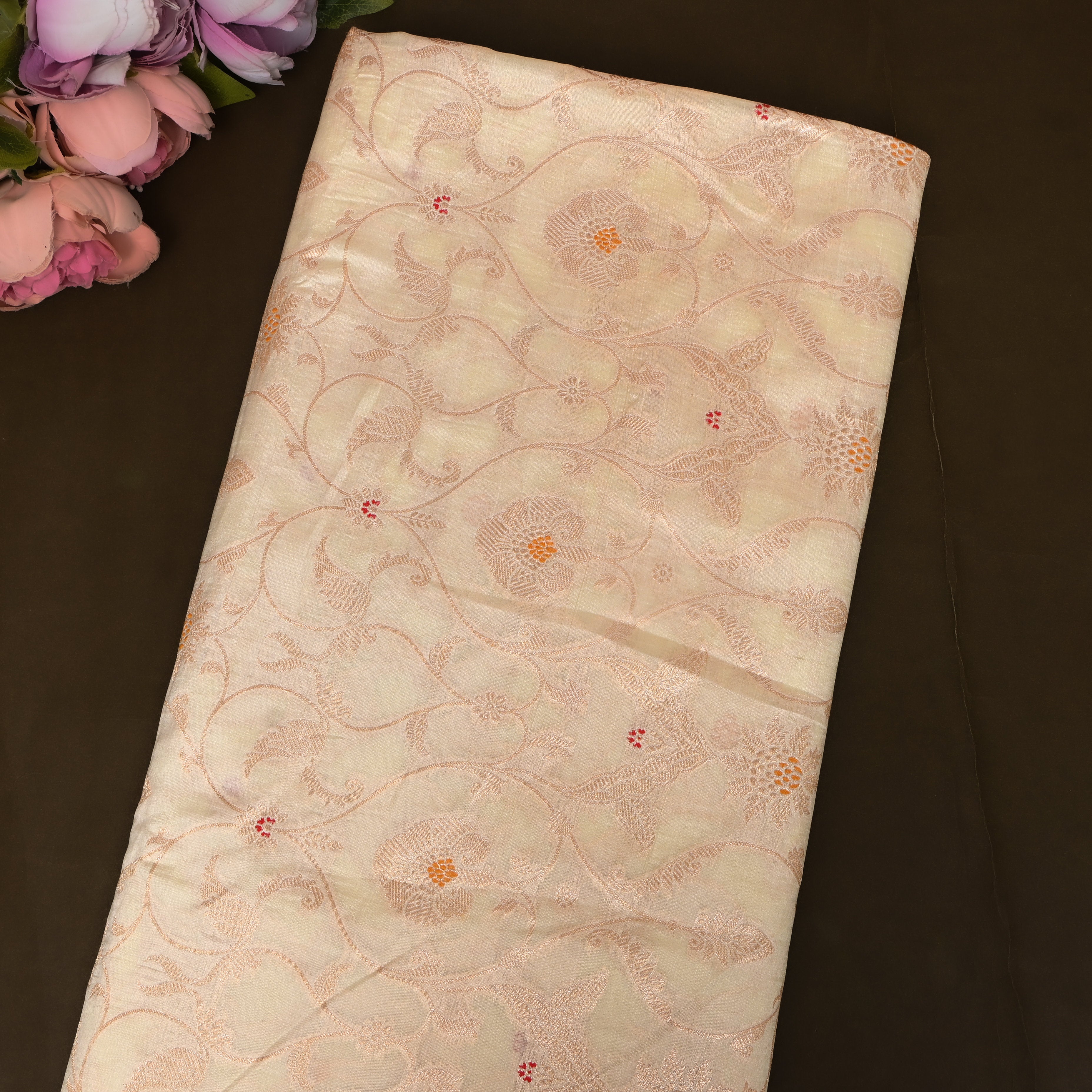 Ivory Cream Jamawar Silk With Woven Floral Vine And Accents