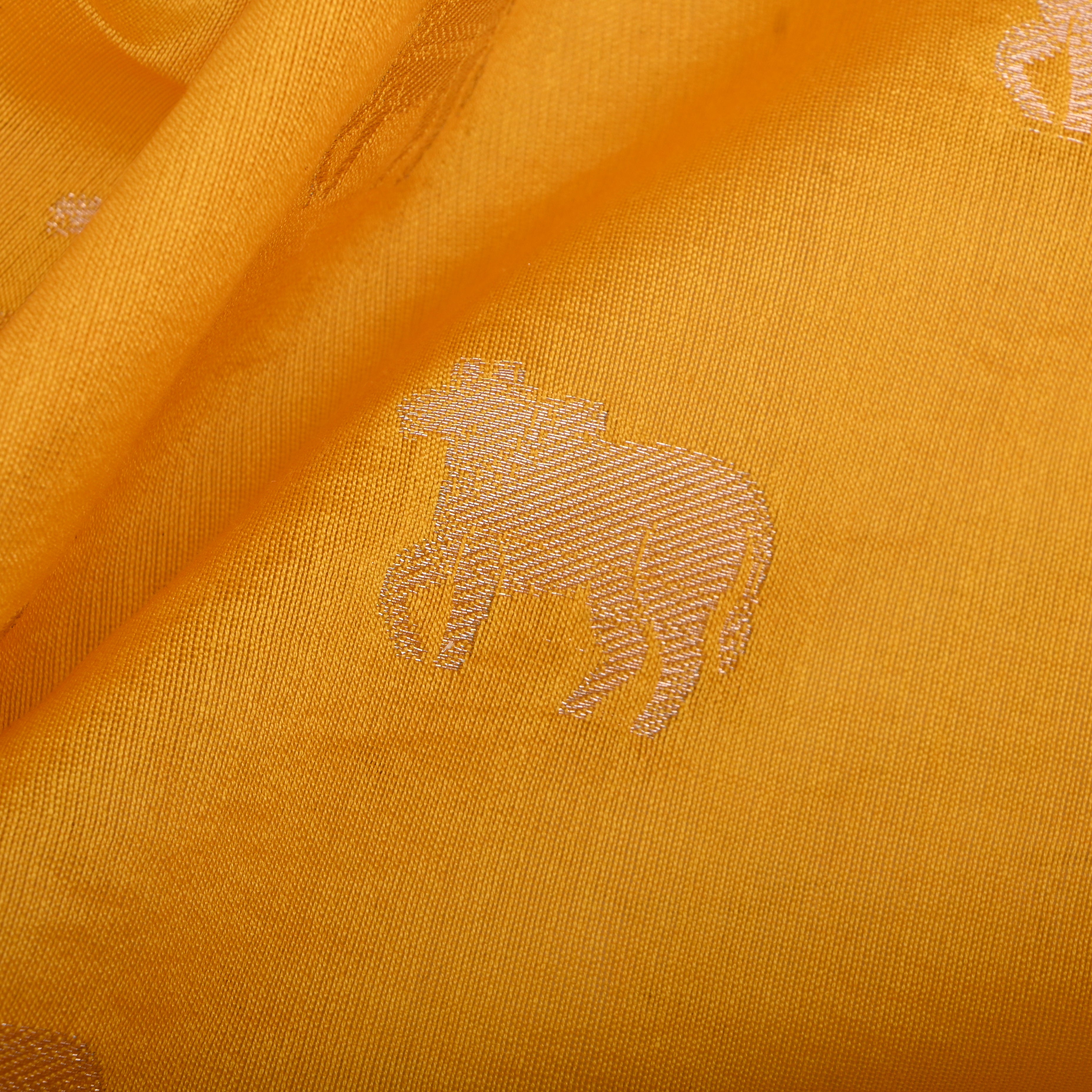 Chinese Yellow With Kamdhenu Motifs On Silk Fabric