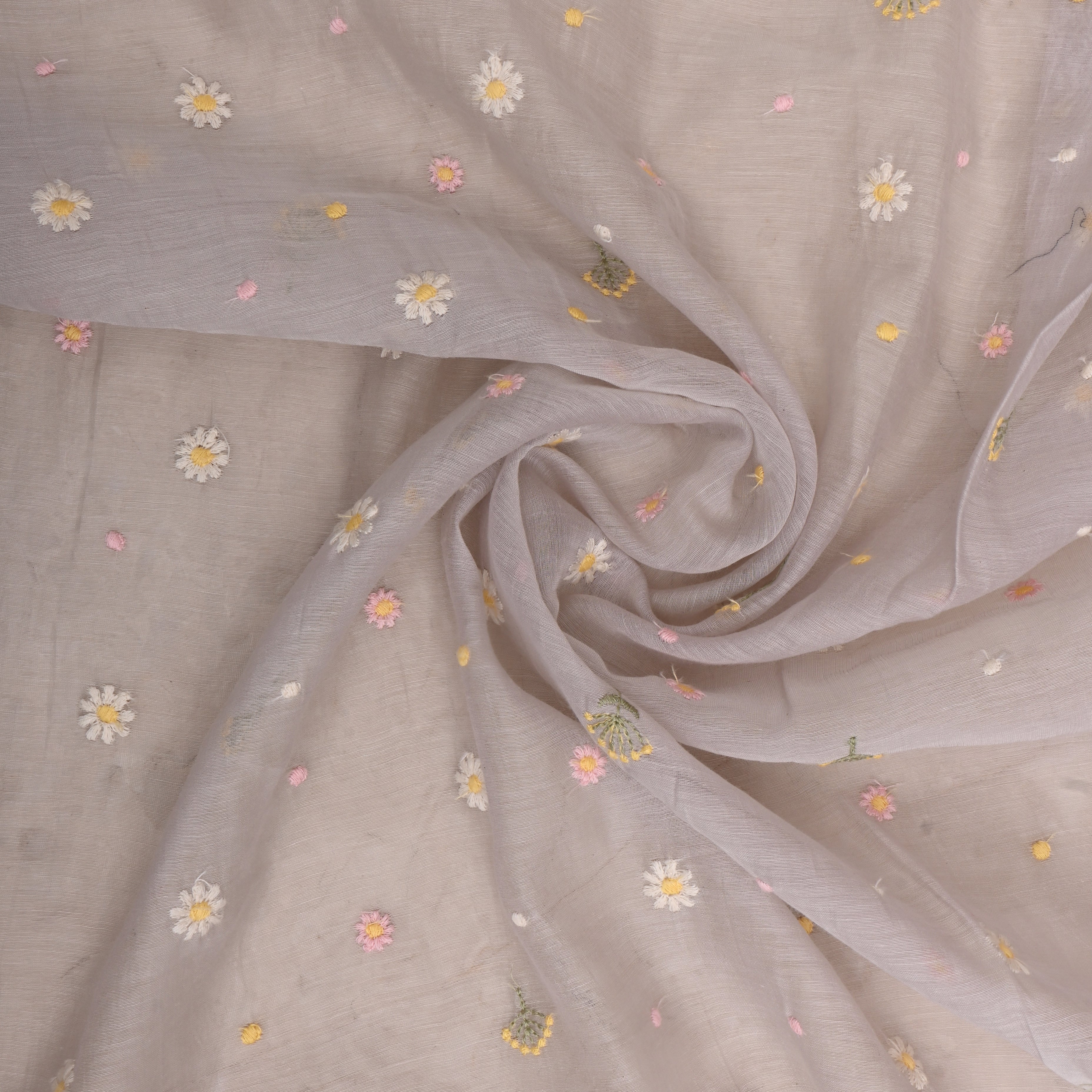 Silver Chanderi Fabric With Floral Thread Embroidery