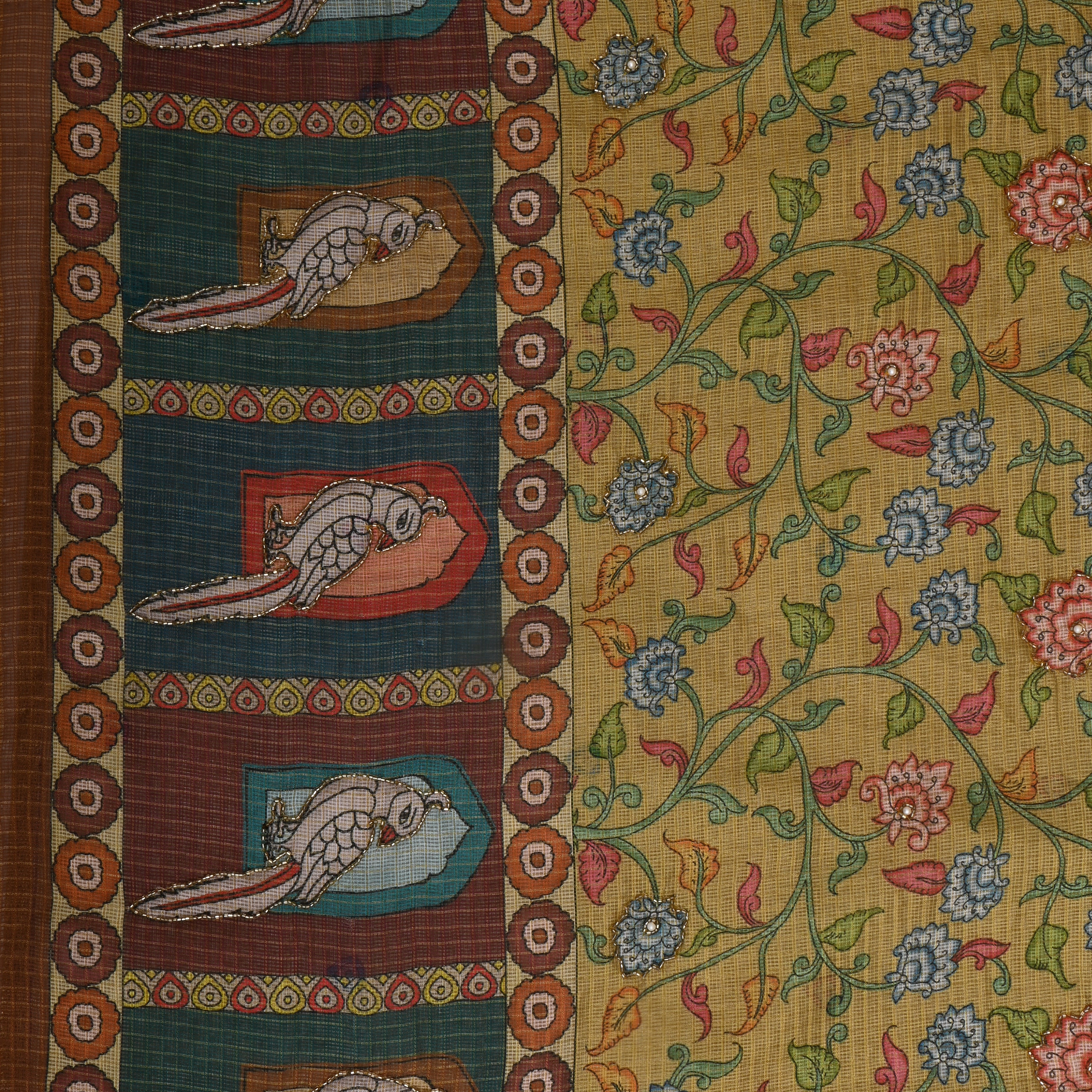 Arylide Yellow Kili Border And Floral Embroidered Kota Fabric