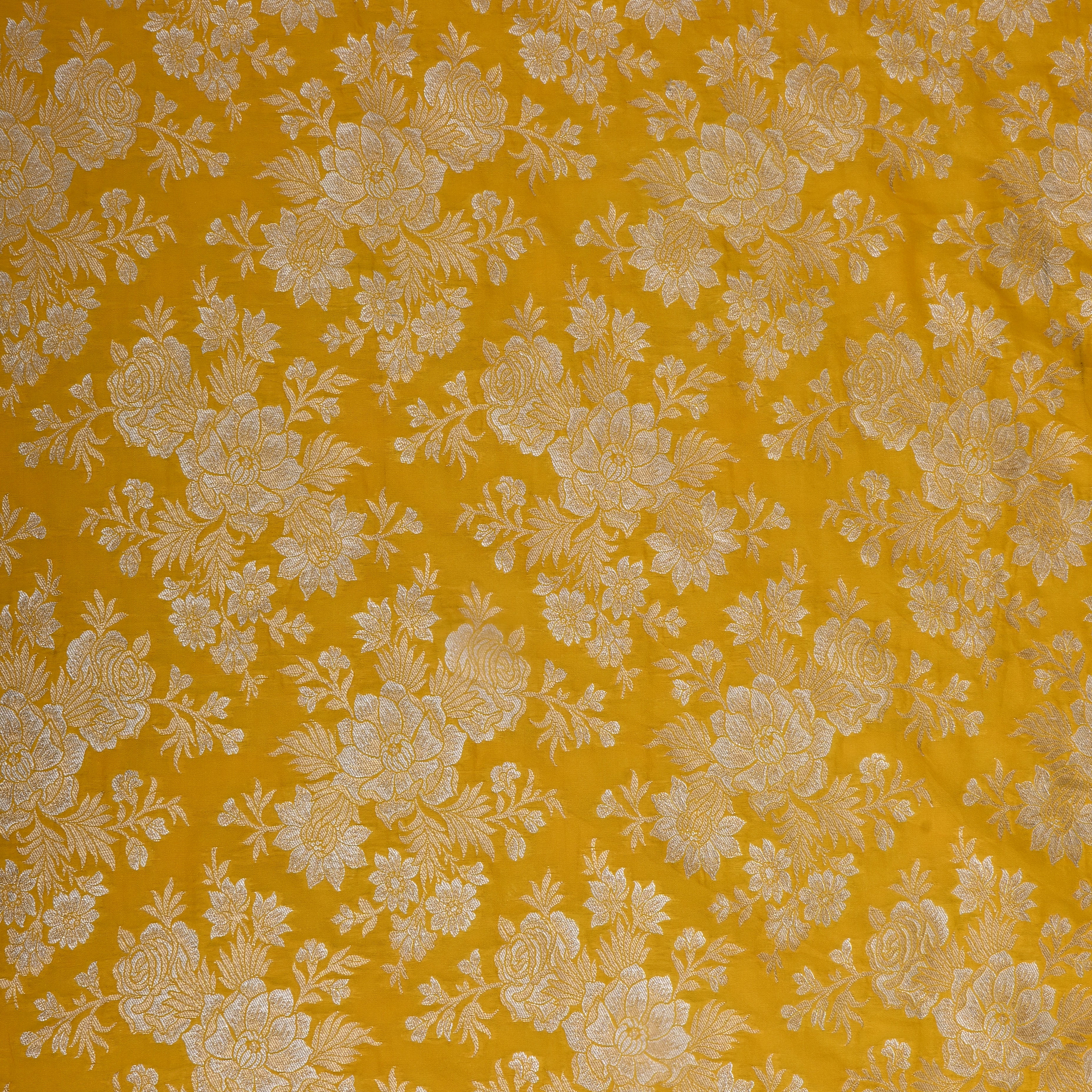 Gold Yellow Banarasi Fabric With Antique Gold Floral Pattern