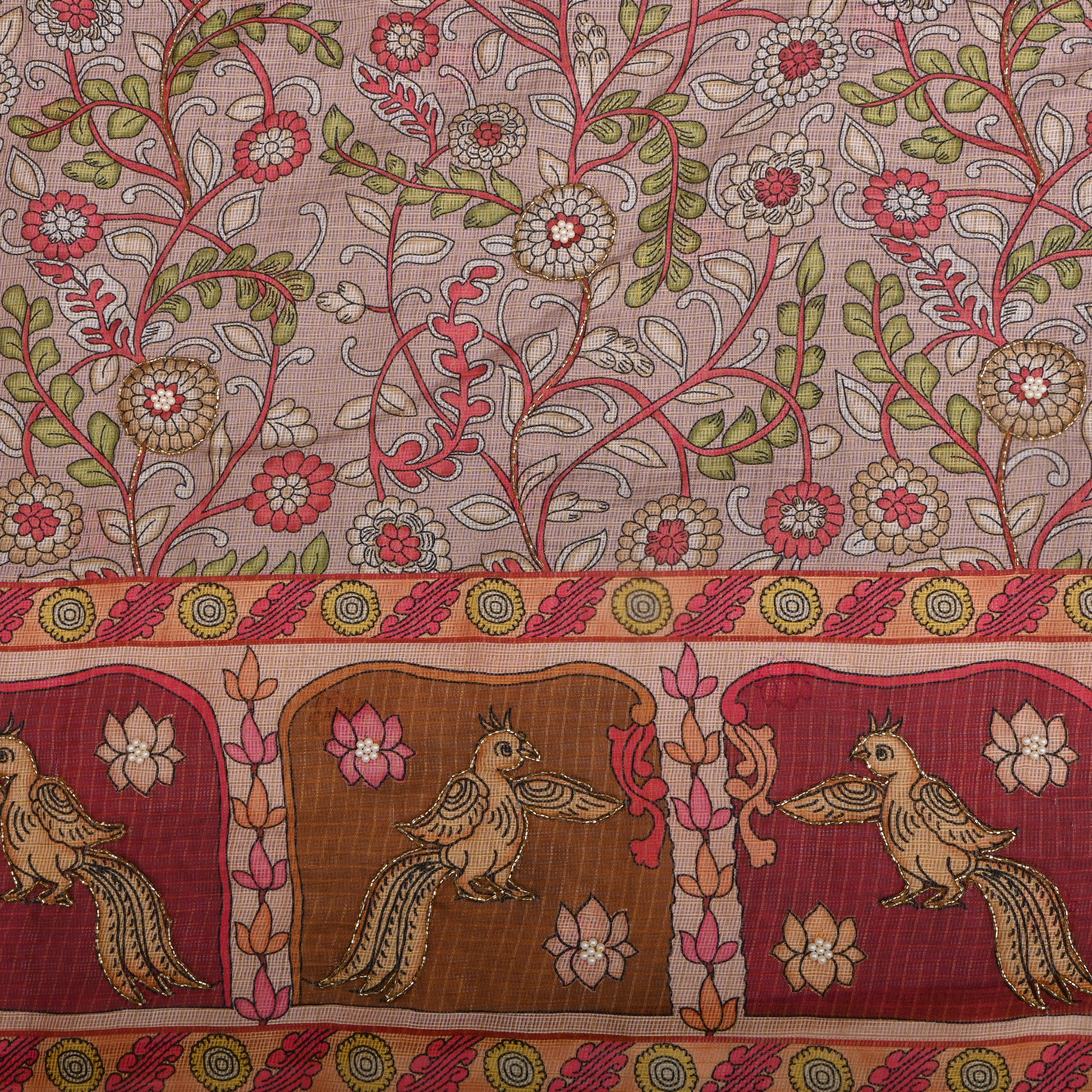 Champagne Pink Kota Fabric With Printed Embroidery