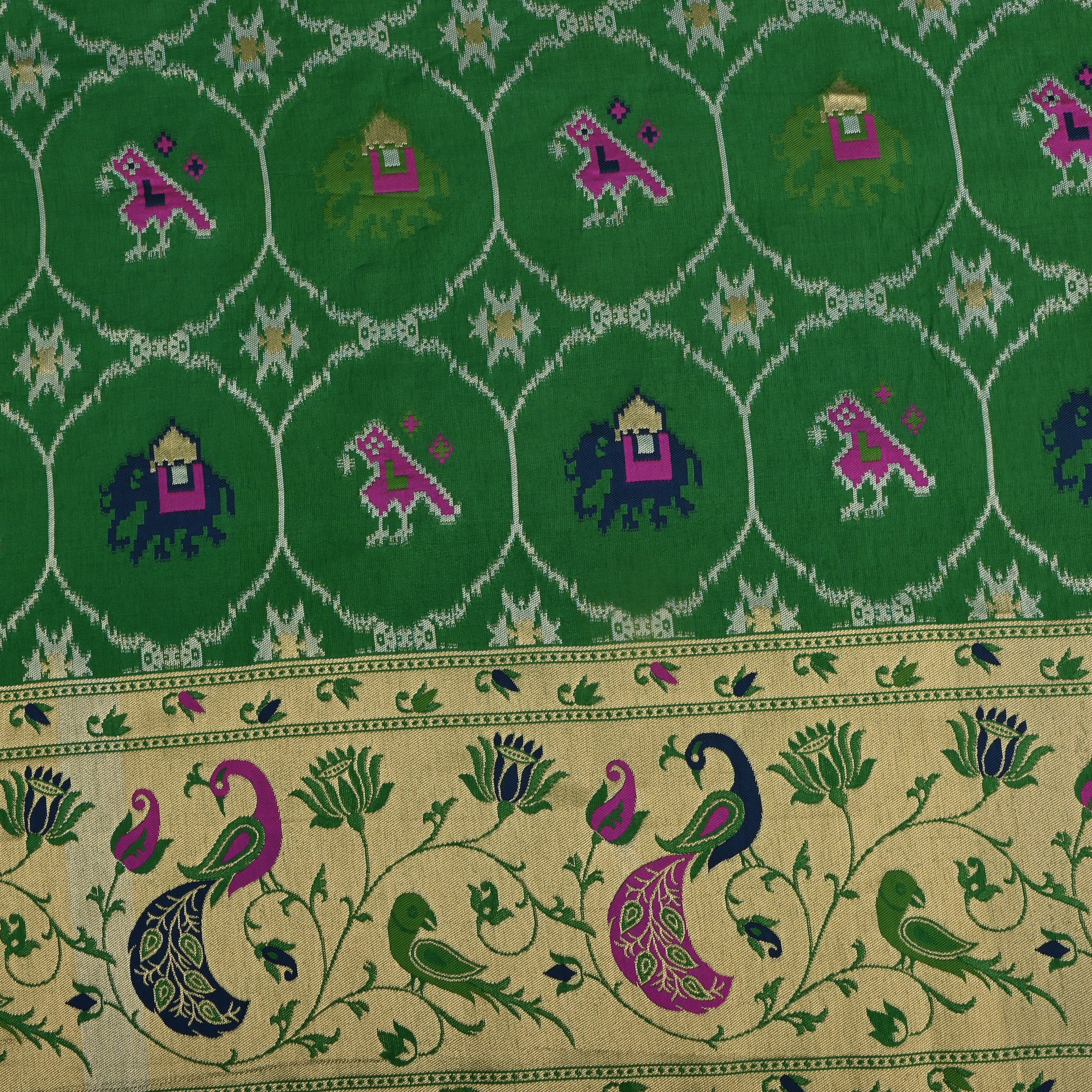 Parrot Green Banarasi Fabric With Paithani Border