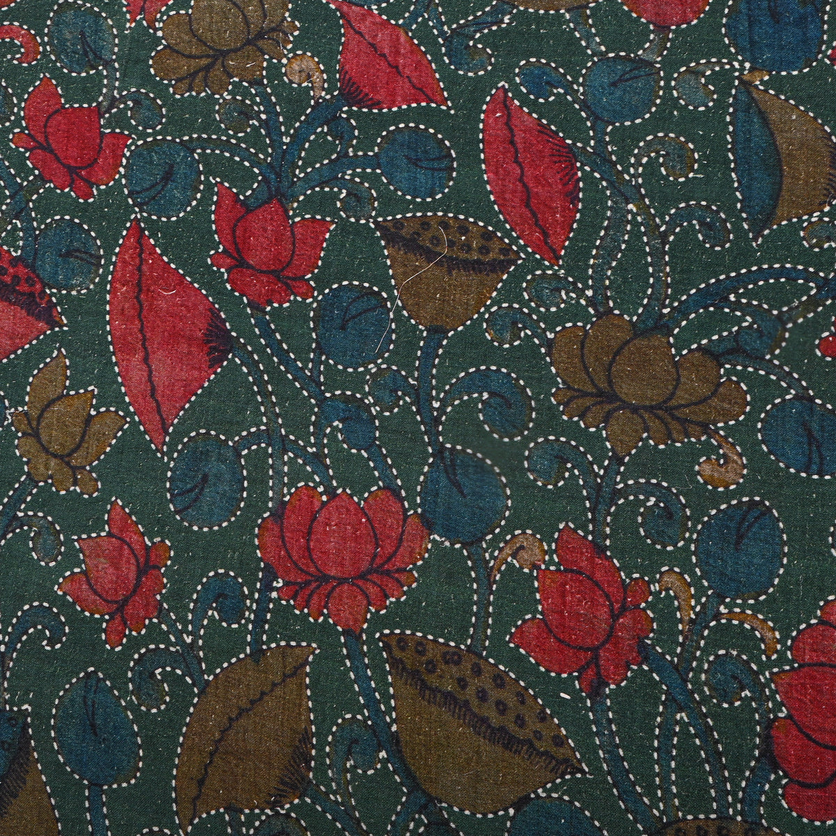 Forest Green Lotus Jaal Digital Print Raw Silk Fabric