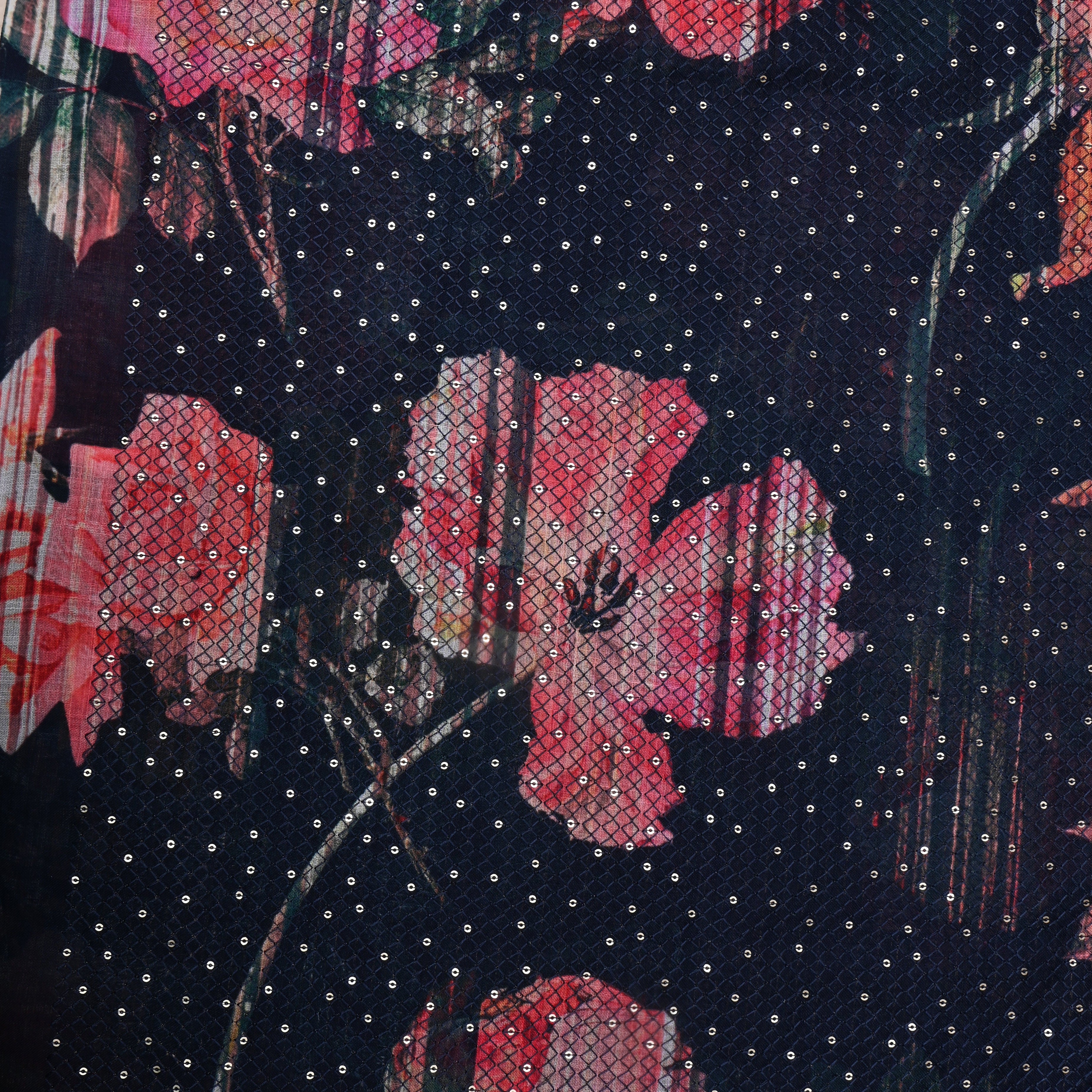 Navy Blue Sequin Thread Work Floral Linen Fabric