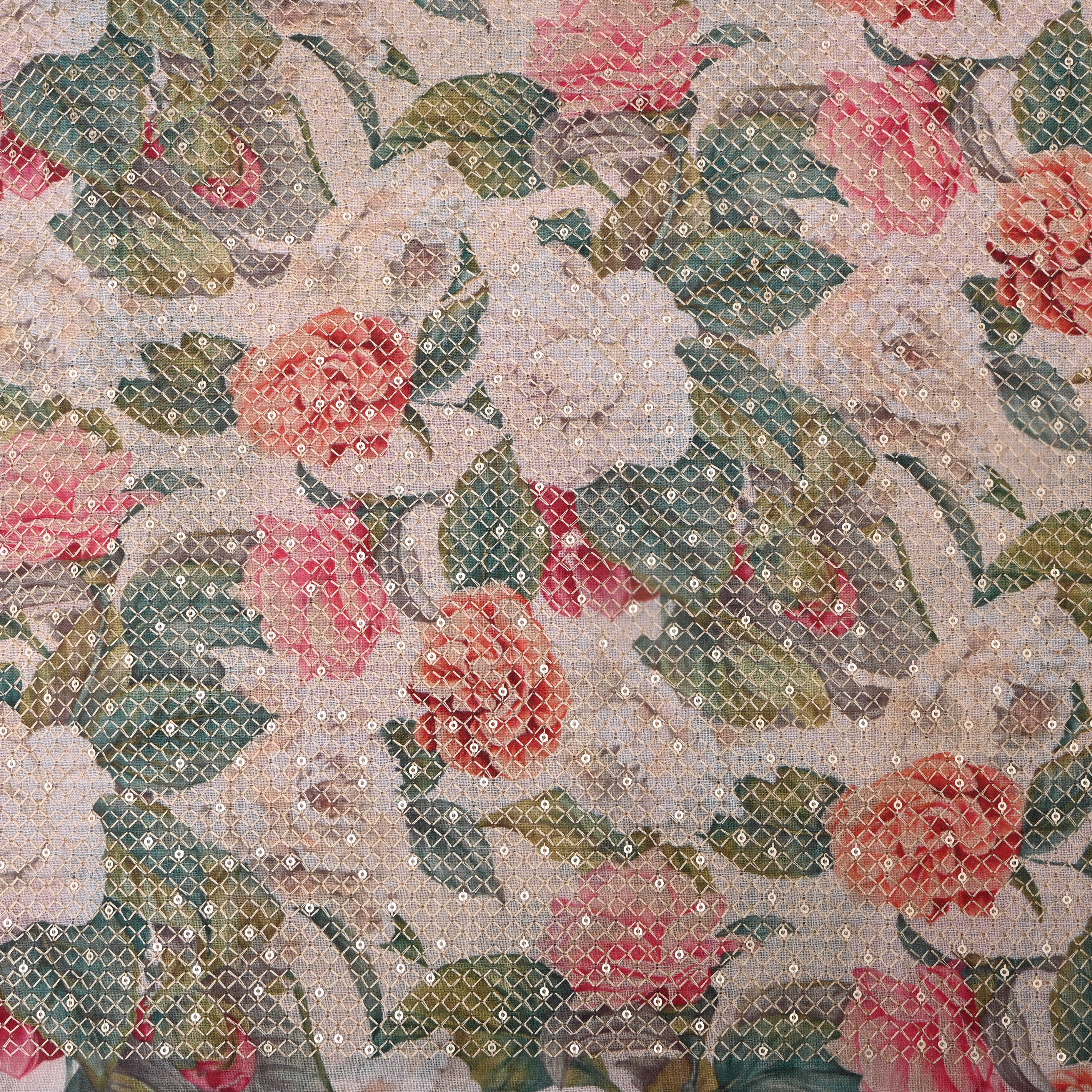 Off-White Sequin Thread Work Floral Linen Fabric