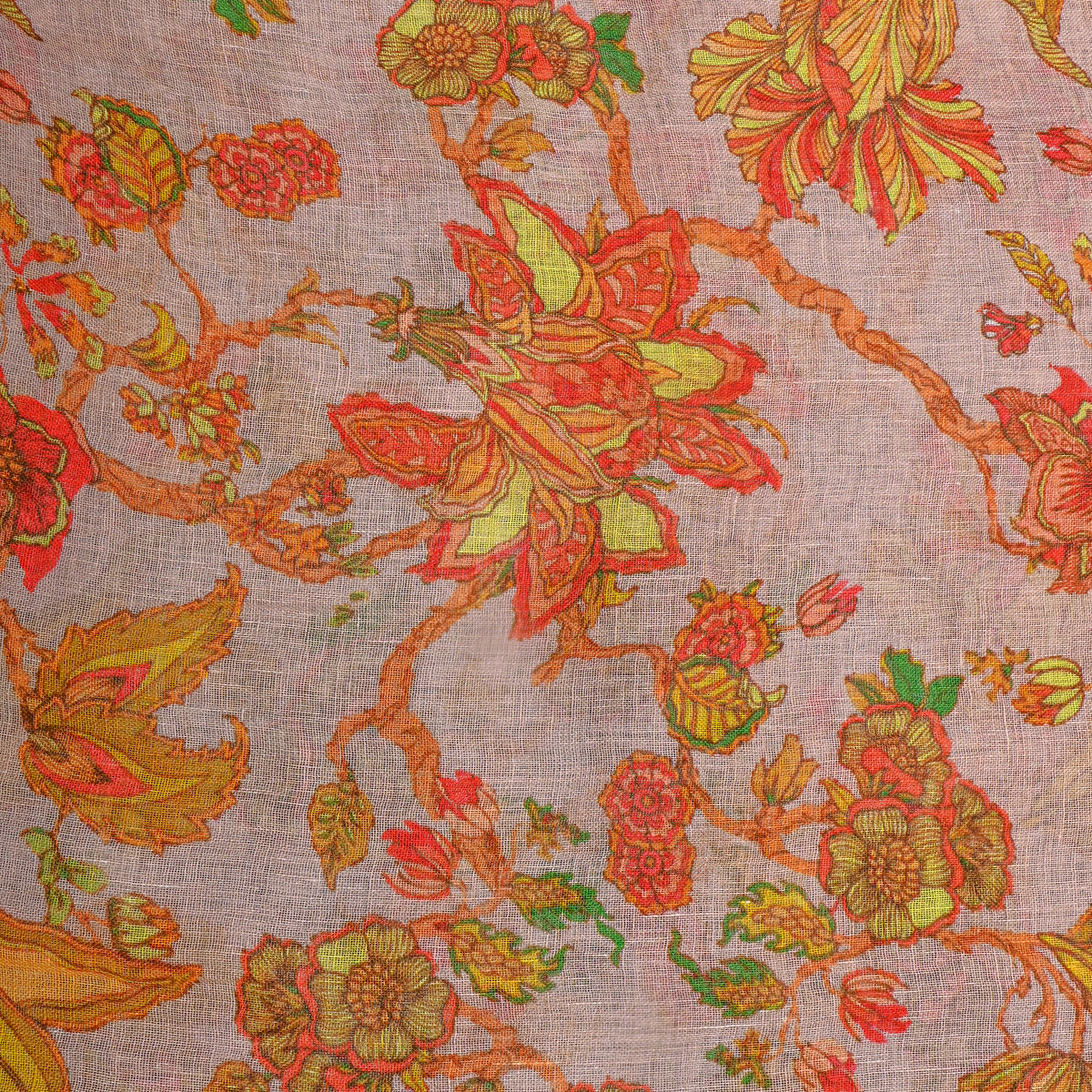 Cream Orange Floral Print Linen Fabric