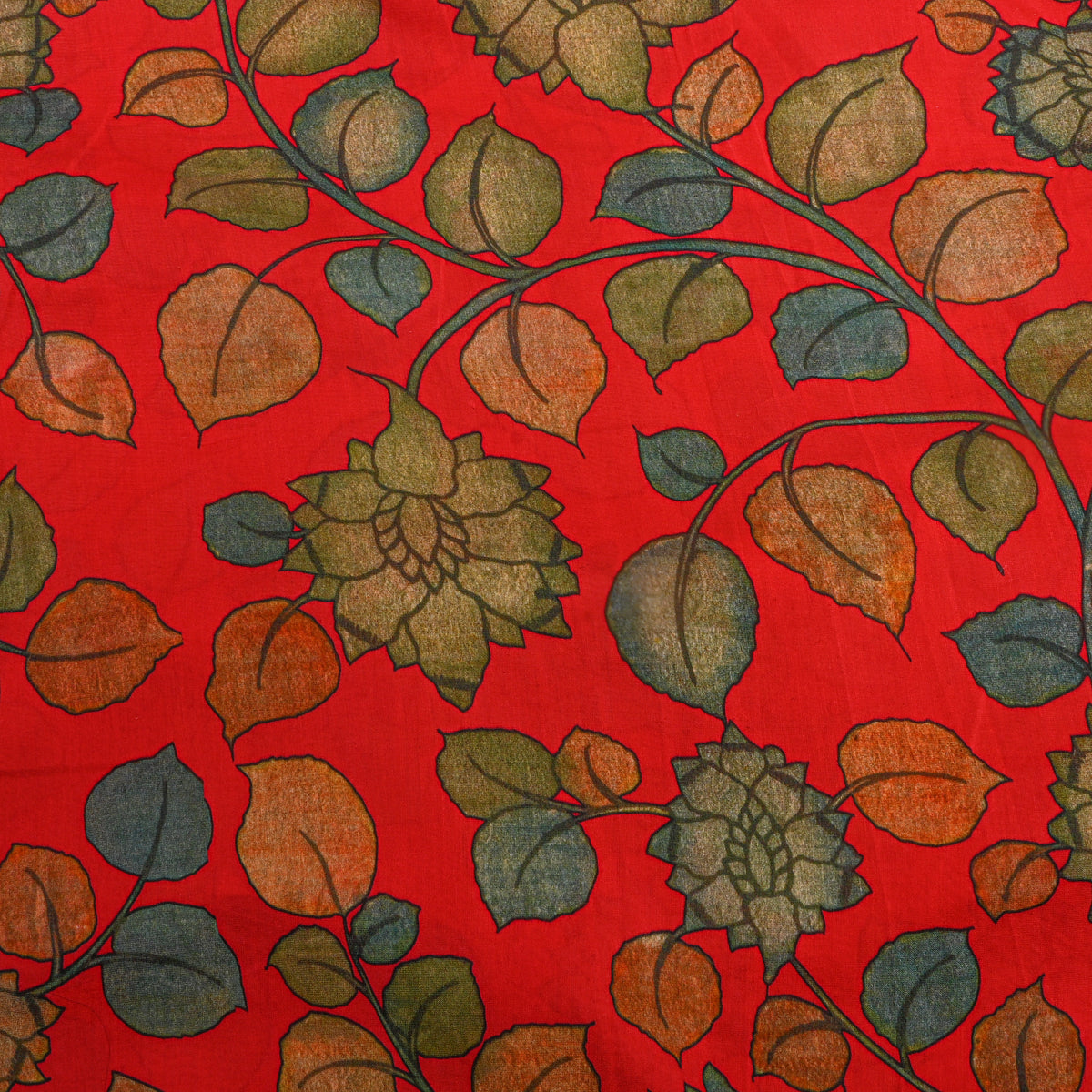 Bright Orange Leaf Vine Print Tussar Fabric