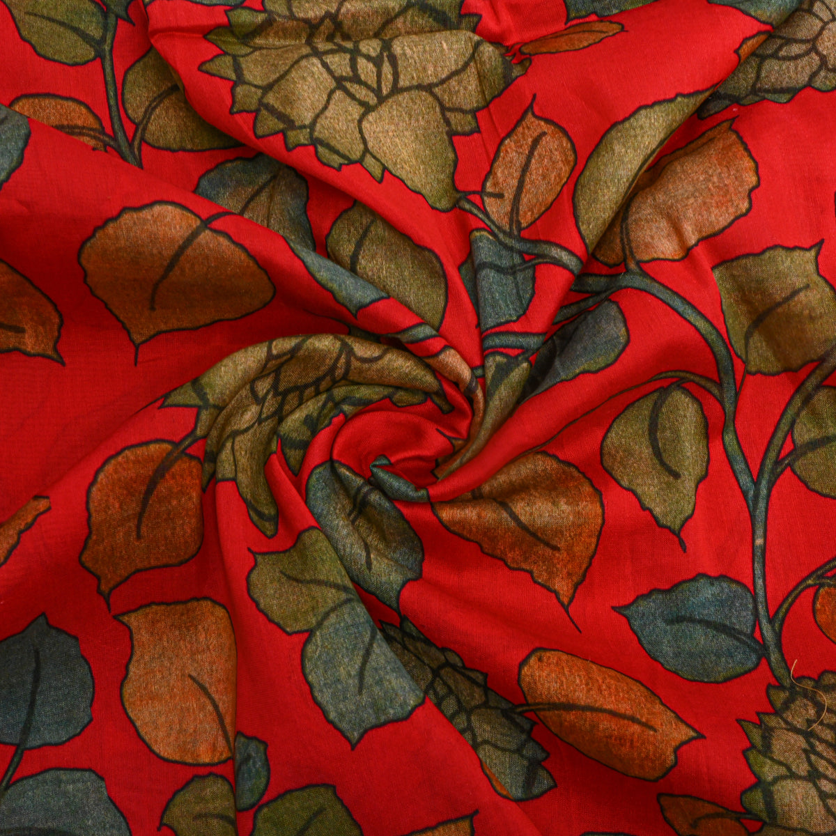 Bright Orange Leaf Vine Print Tussar Fabric