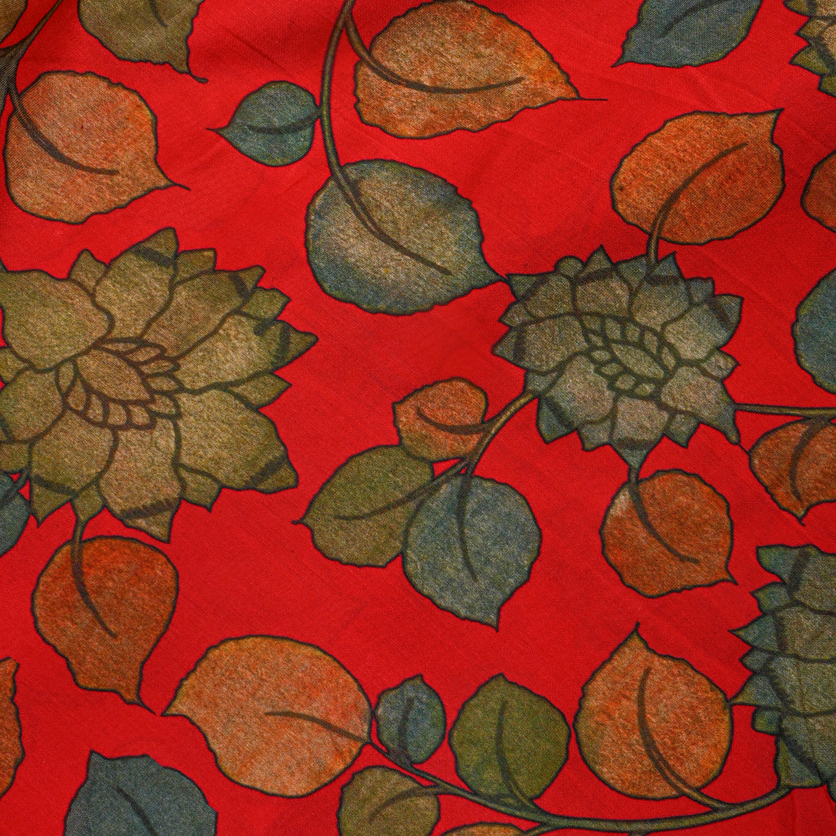 Bright Orange Leaf Vine Print Tussar Fabric