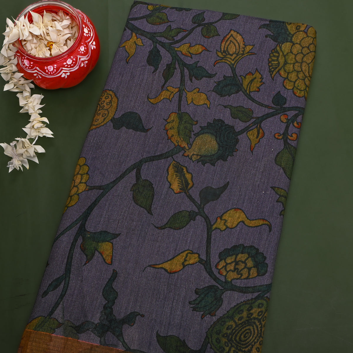 Dusk Blue Floral Vine Kalamkari Print Silk Fabric