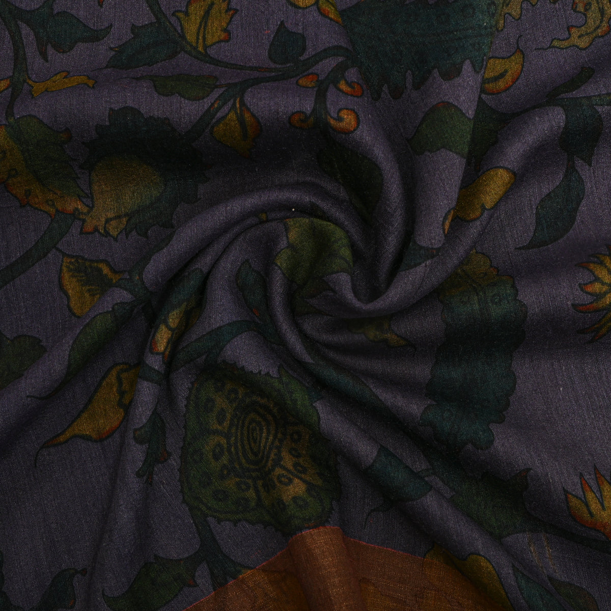 Dusk Blue Floral Vine Kalamkari Print Silk Fabric