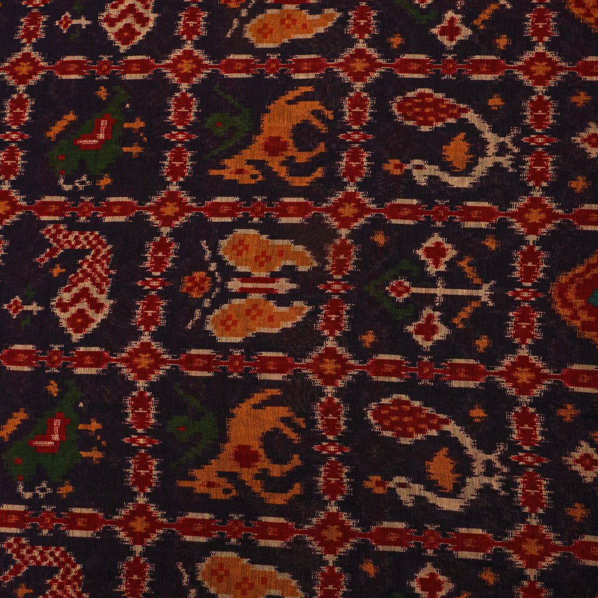 Ink Black Patola Ikat Dupion Silk Fabric
