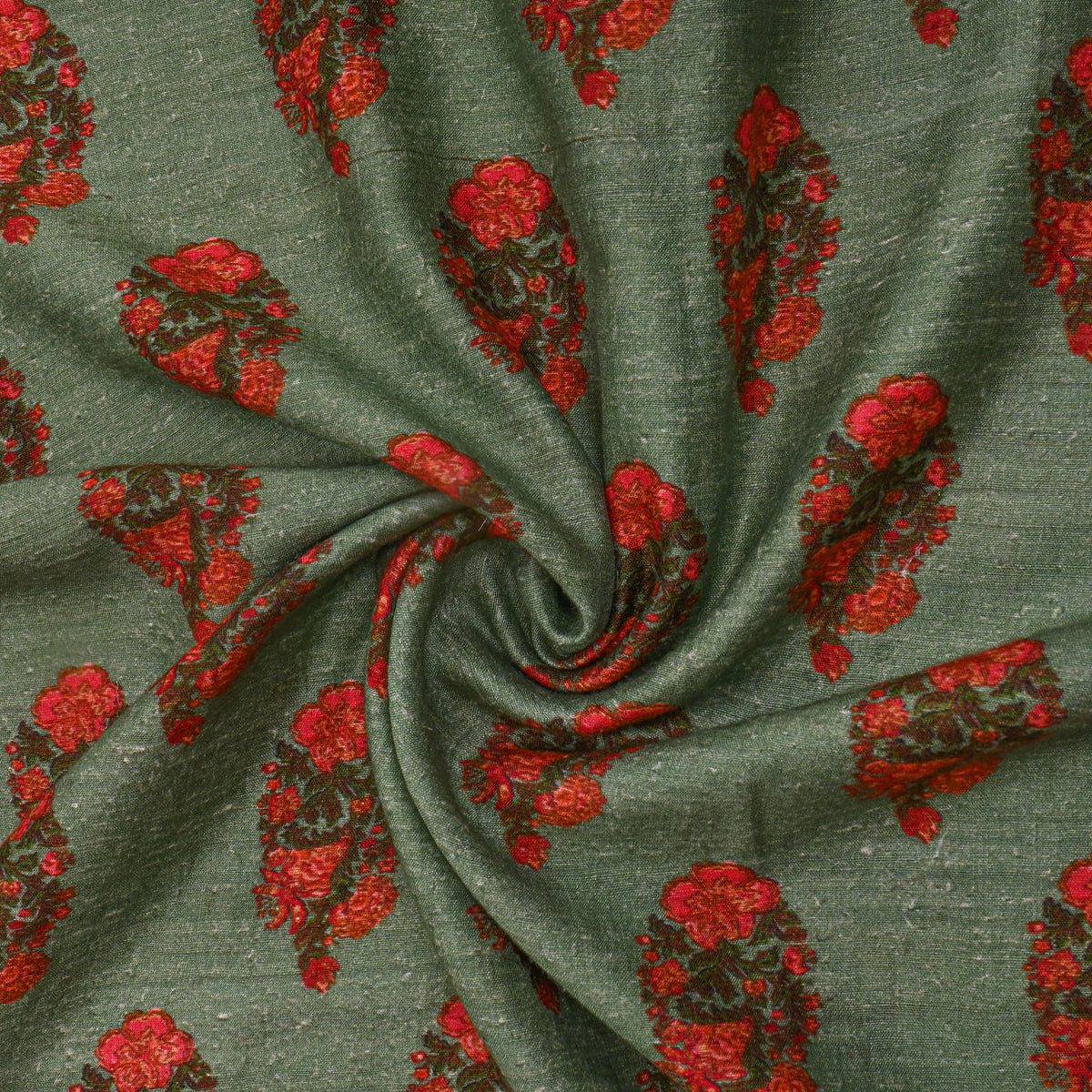 Moss Green Red Floral Butti Print TussarFabric