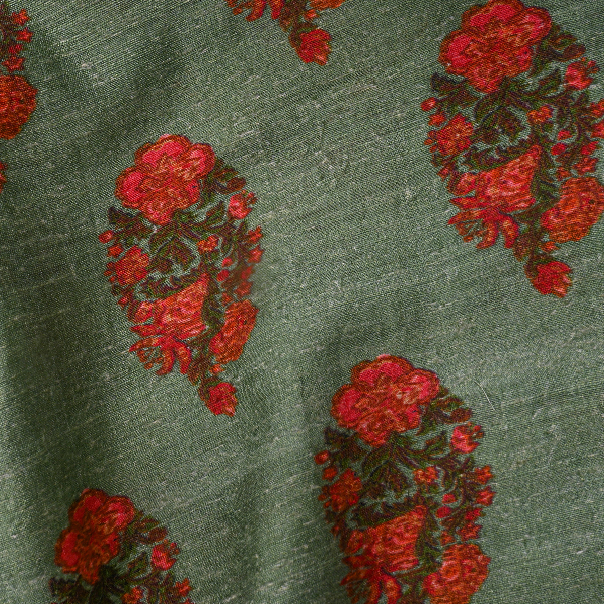 Moss Green Red Floral Butti Print TussarFabric