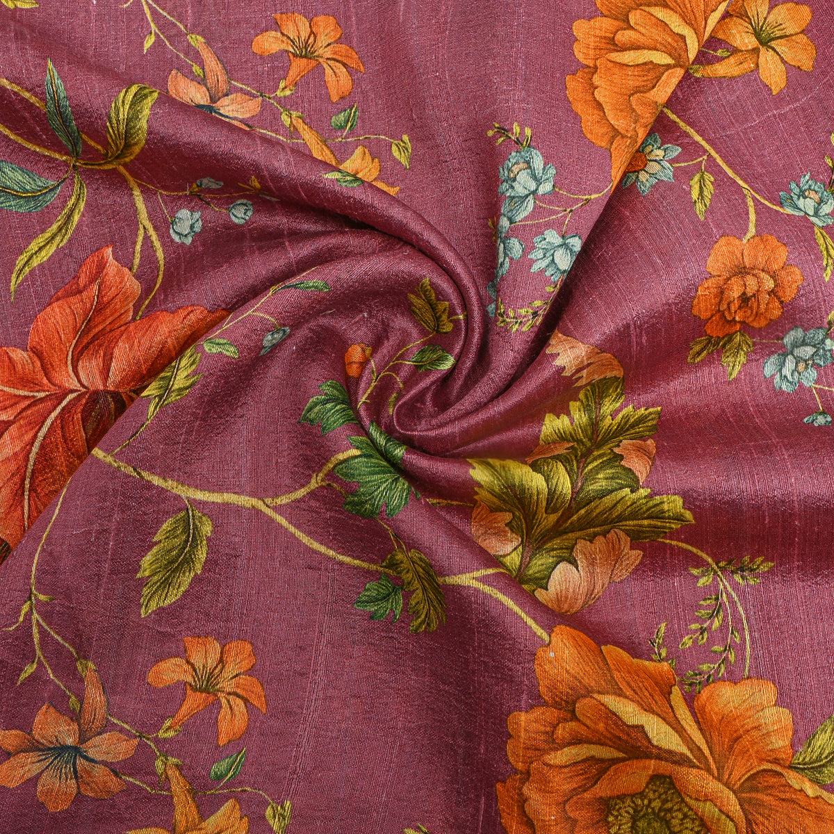 Mulberry Orange Floral Jaal Digital Print Silk Fabric