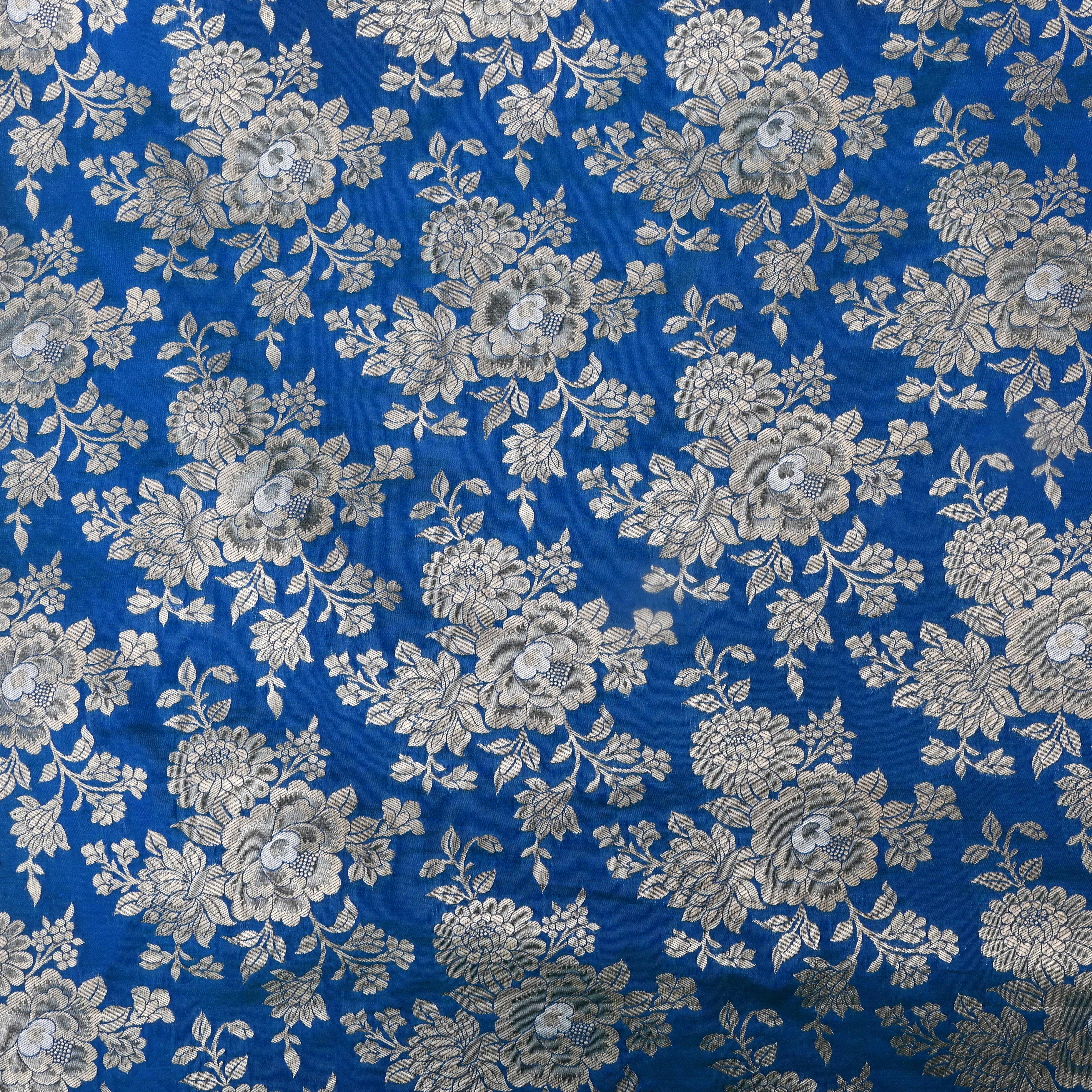 Cobalt Blue Floral Zari Silk Fabric