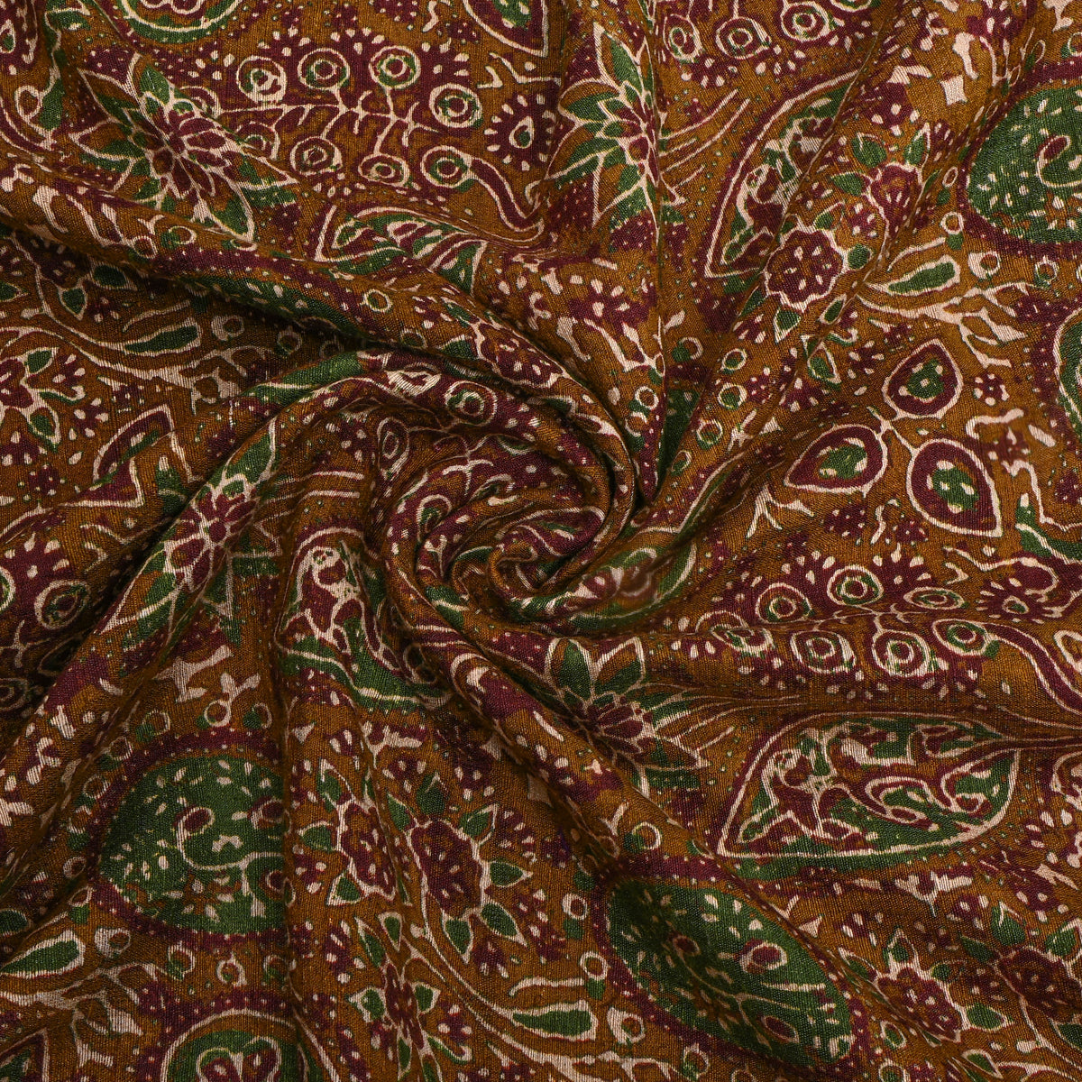 Cinnamon Brown Green Maroon Floral Digital Print TussarFabric