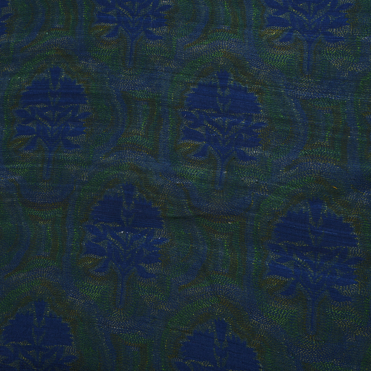 Peacock Navy Floral Butti Print Raw Silk Fabric