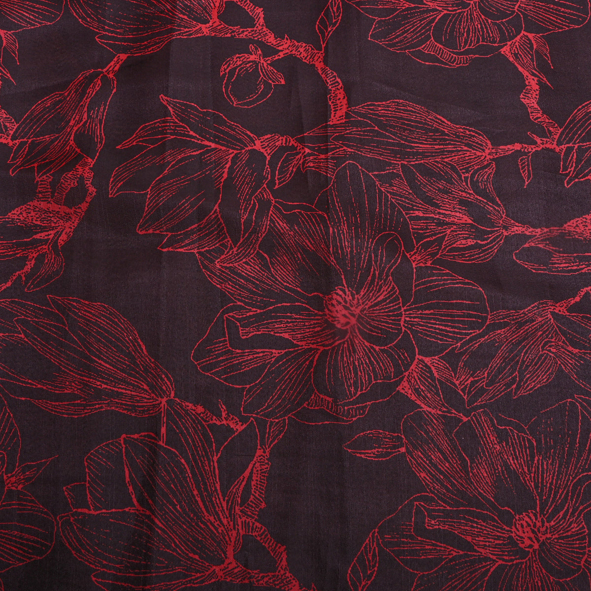 Mulberry Black Line Floral Print TussarFabric