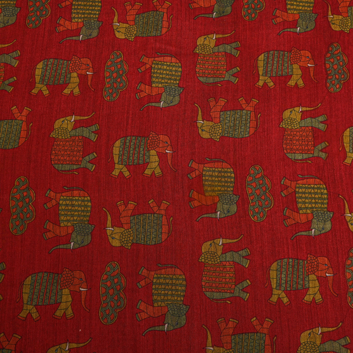Brick Multi Elephant Digital Print Tussar Silk Fabric