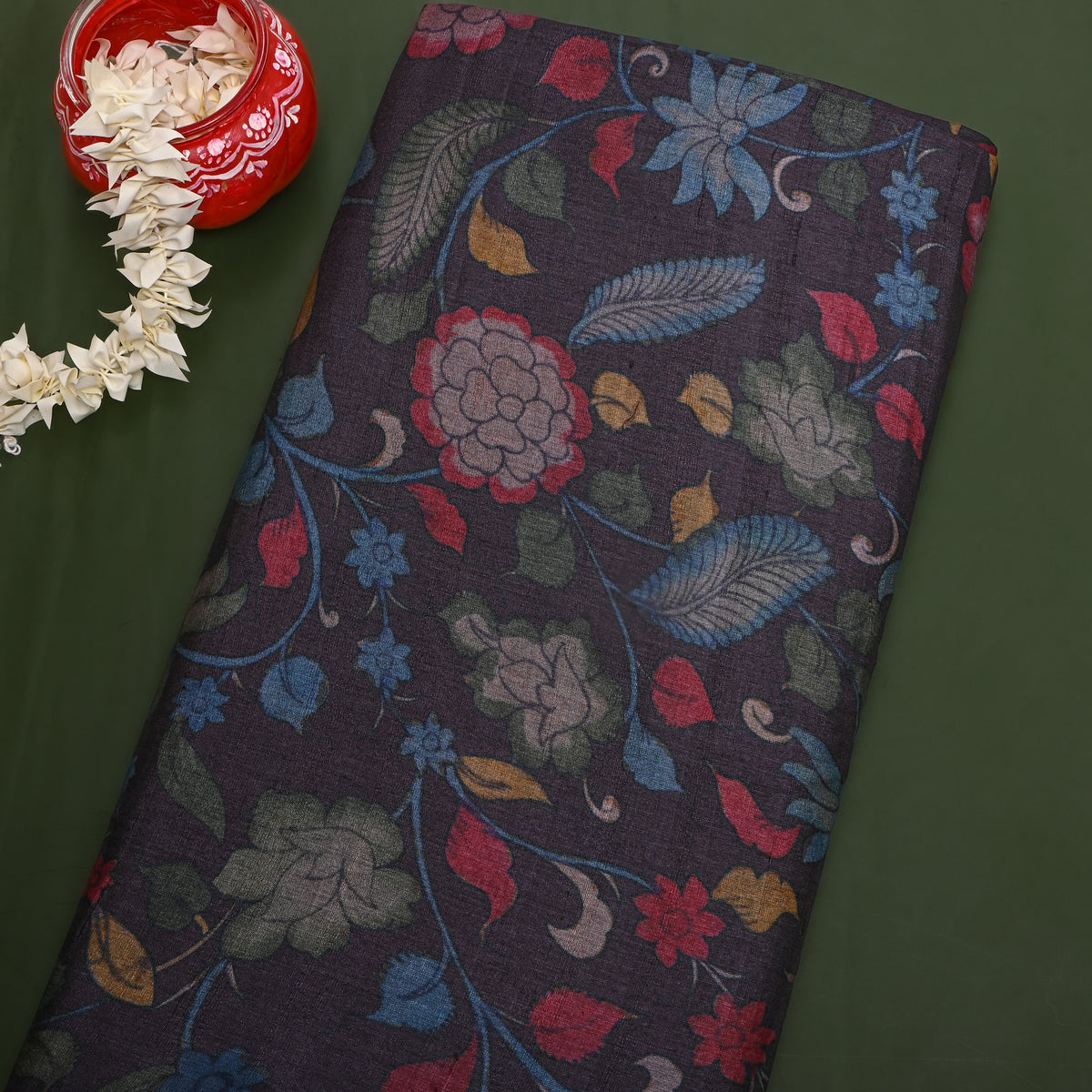 Raisin Floral Vine Digital Print Tussar Fabric