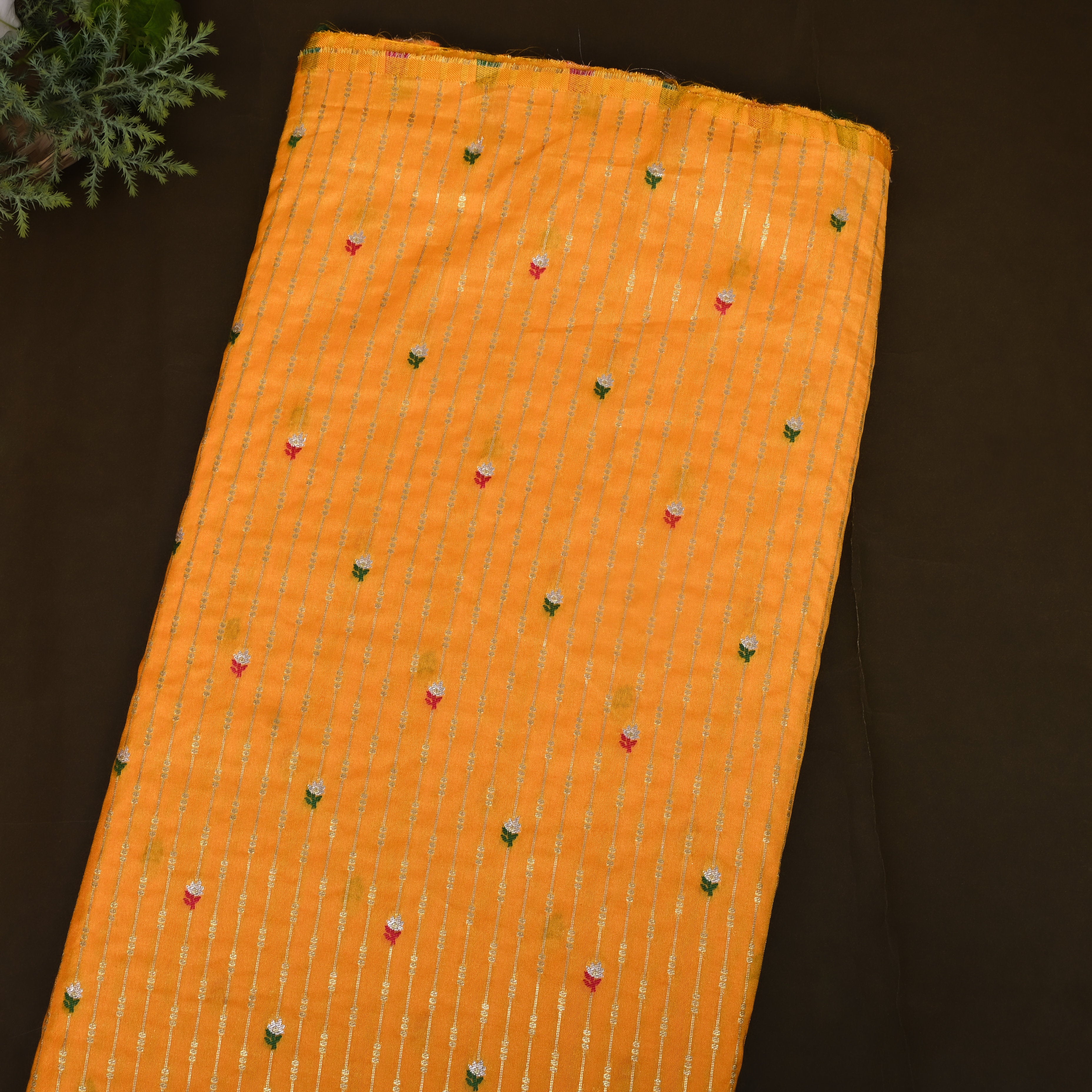 Mustard Jamawar Silk With Silver Stripe And Floral Butti