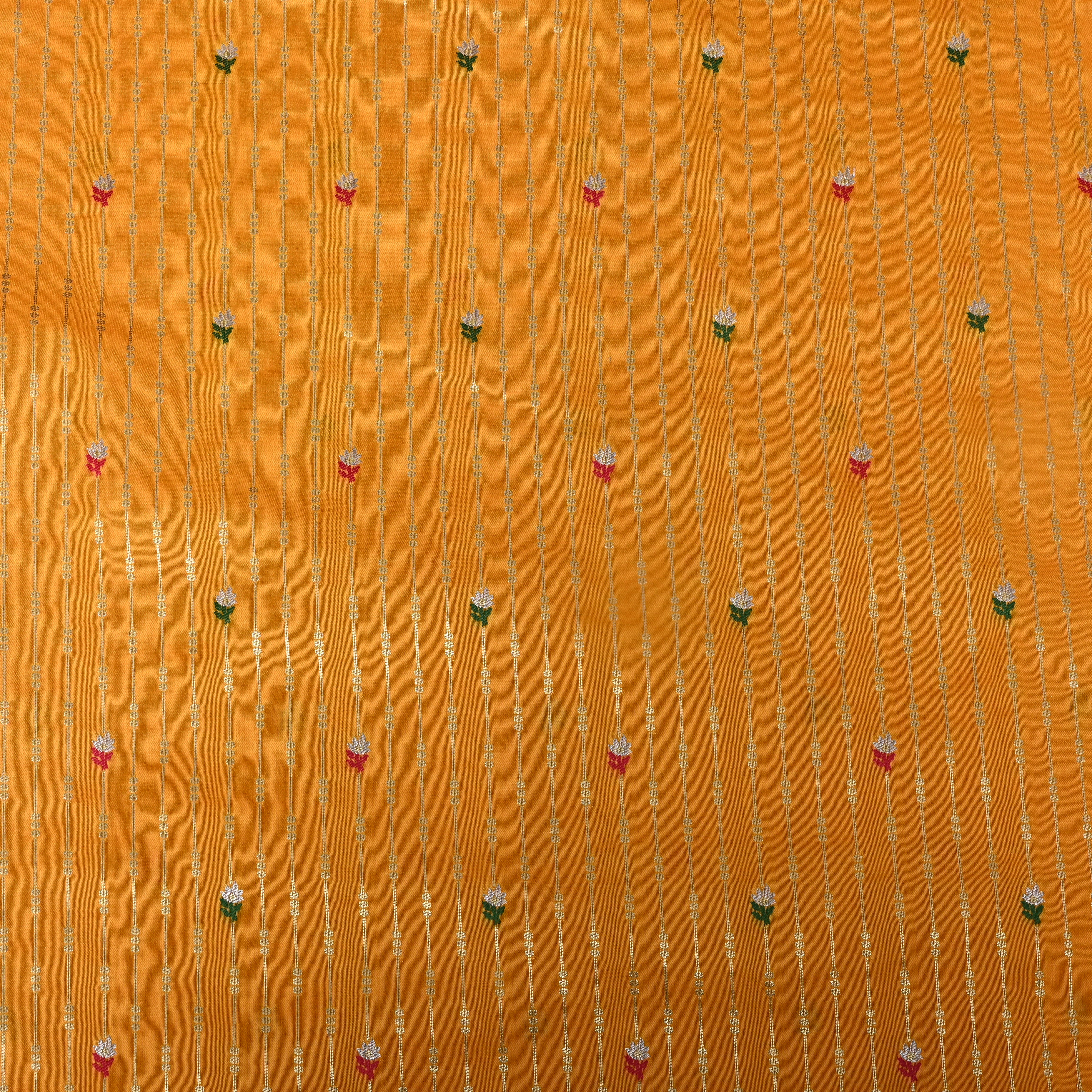 Mustard Jamawar Silk With Silver Stripe And Floral Butti