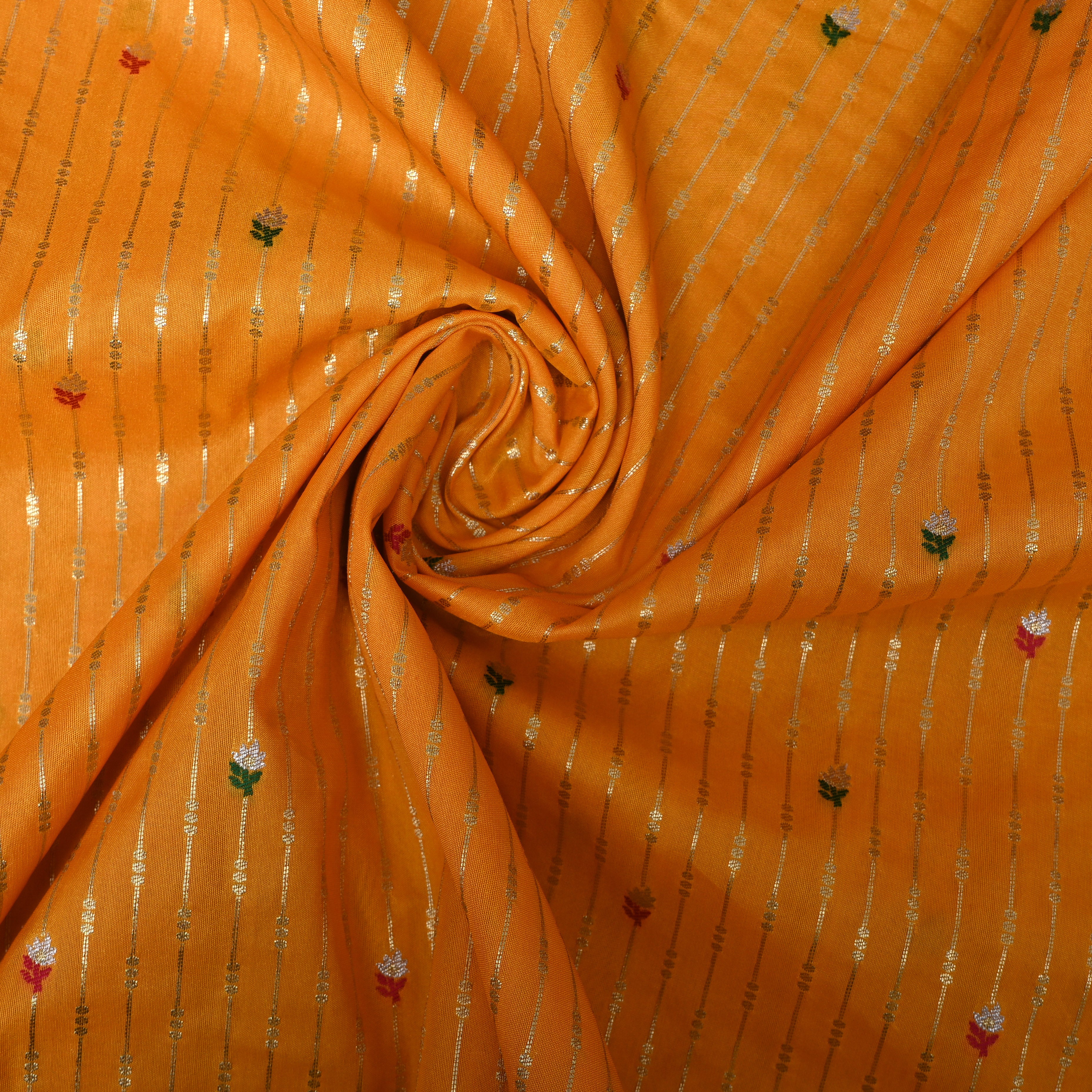 Mustard Jamawar Silk With Silver Stripe And Floral Butti