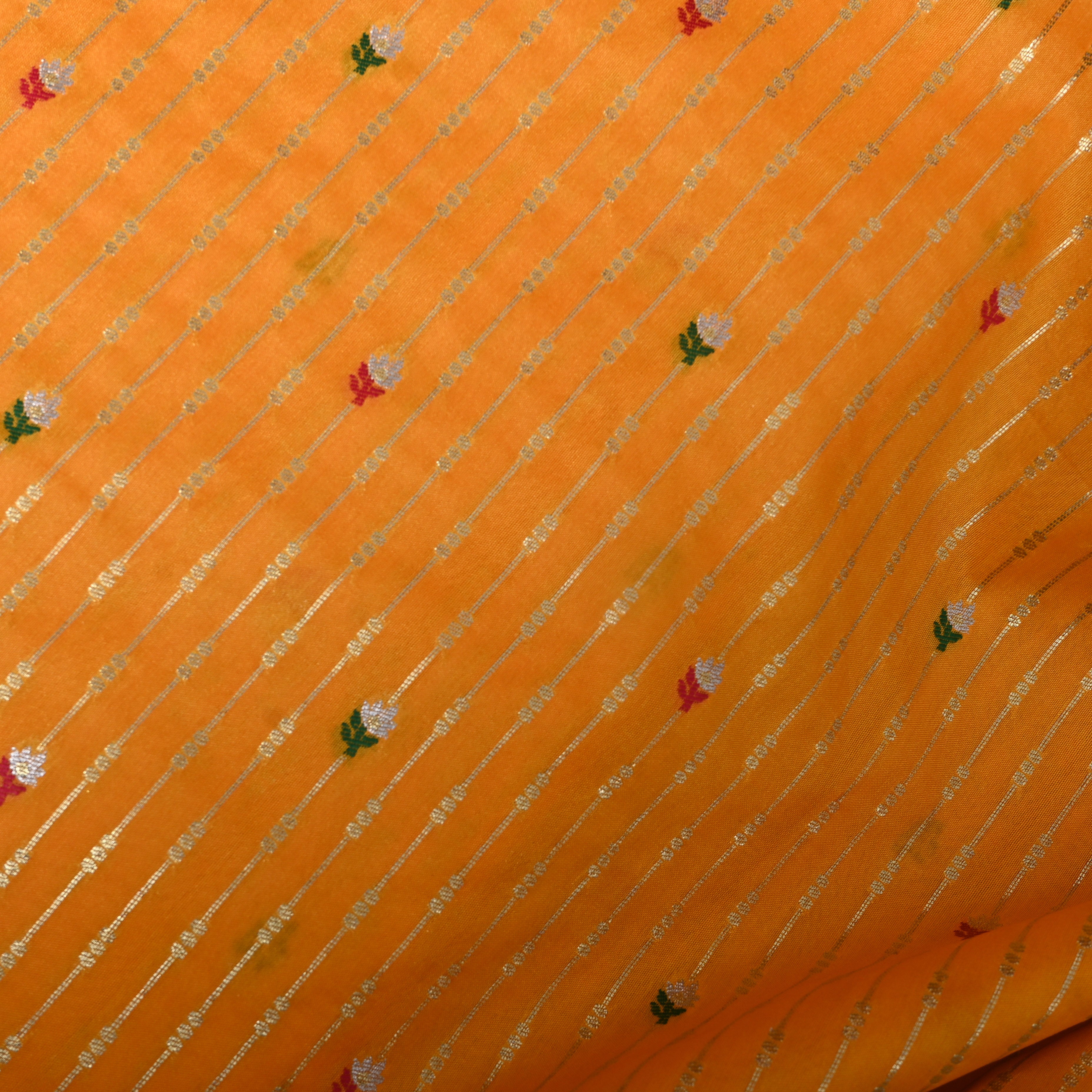 Mustard Jamawar Silk With Silver Stripe And Floral Butti
