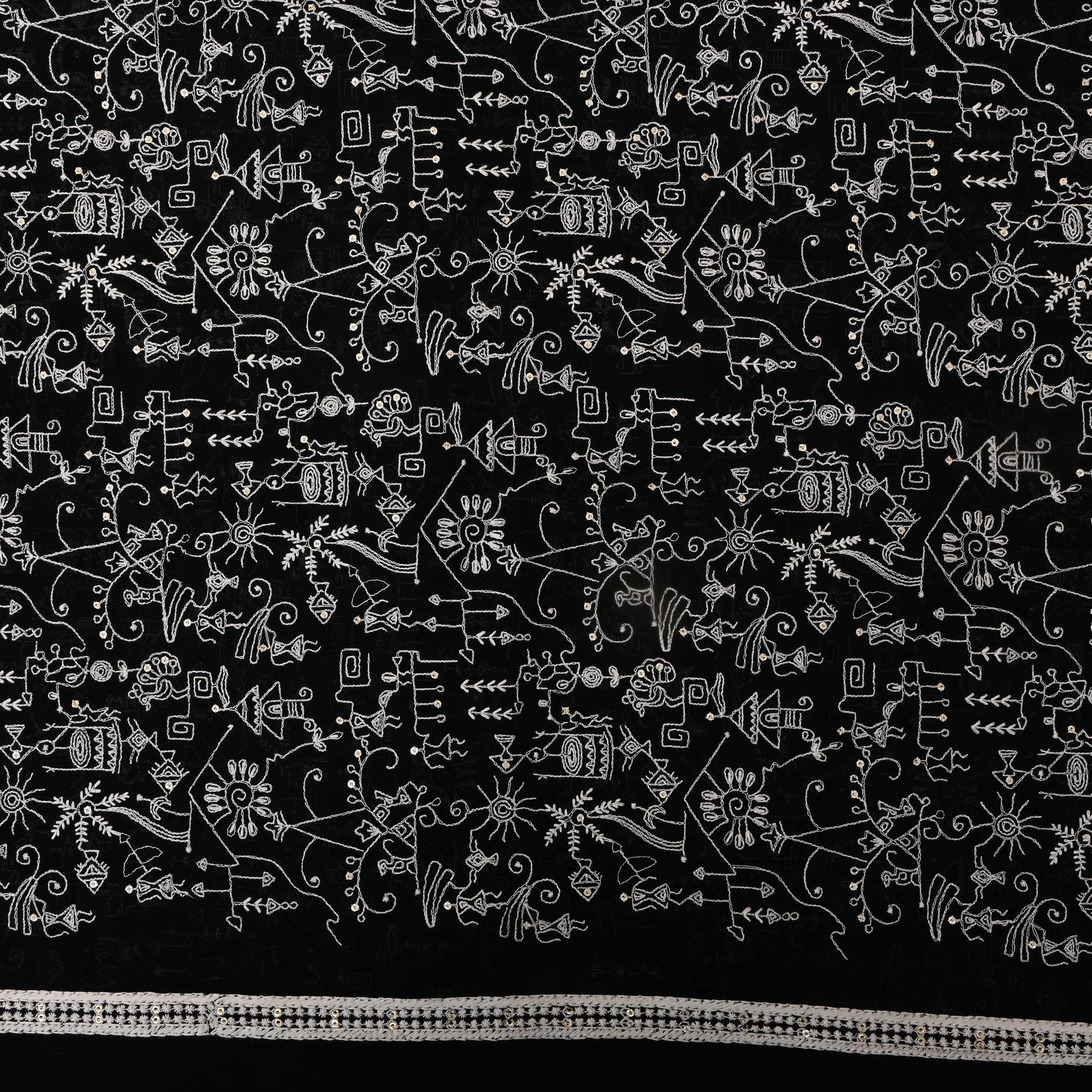 Black Thread Embroidered Linen Fabric