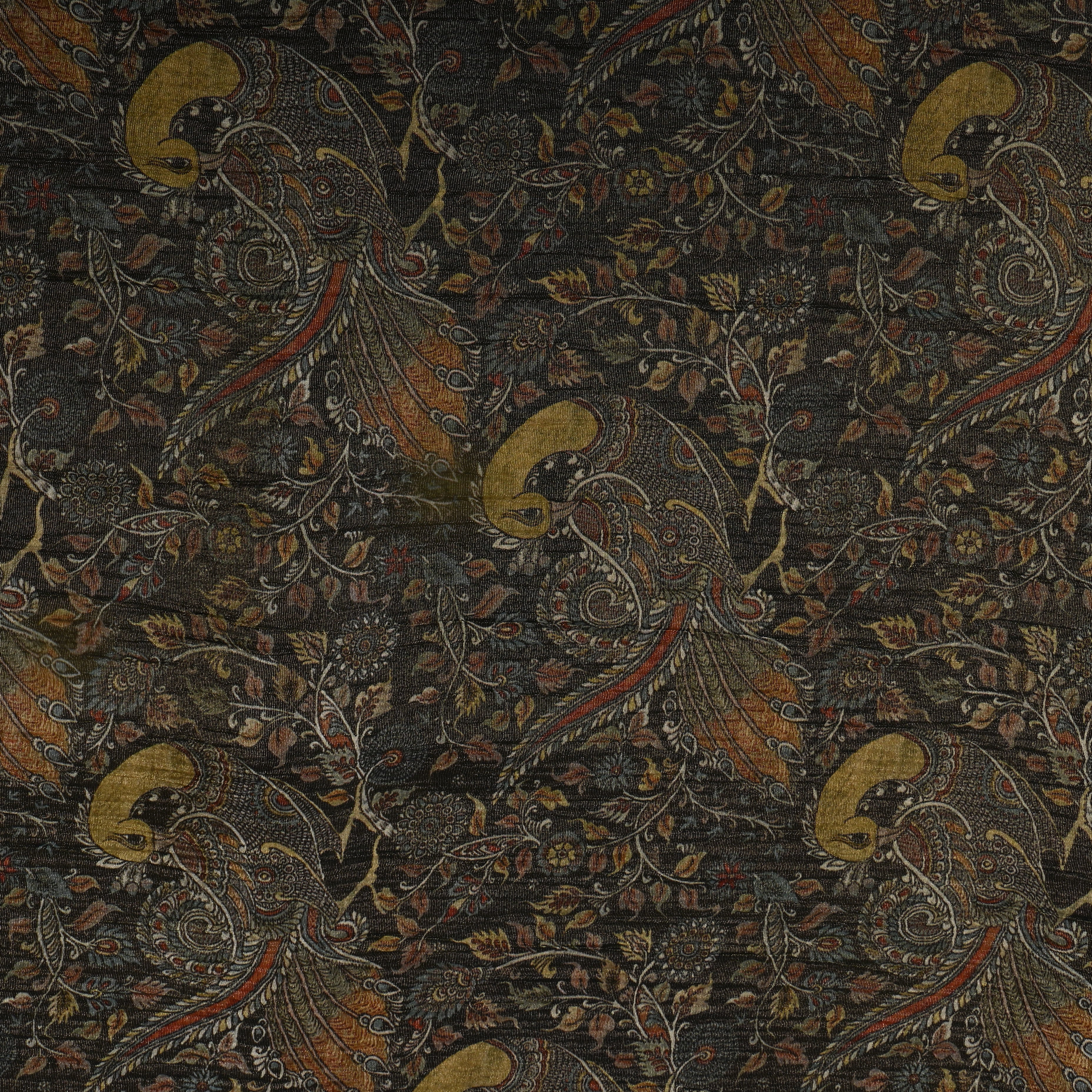 Black Floral And Peacock Printed Tissue Fabric