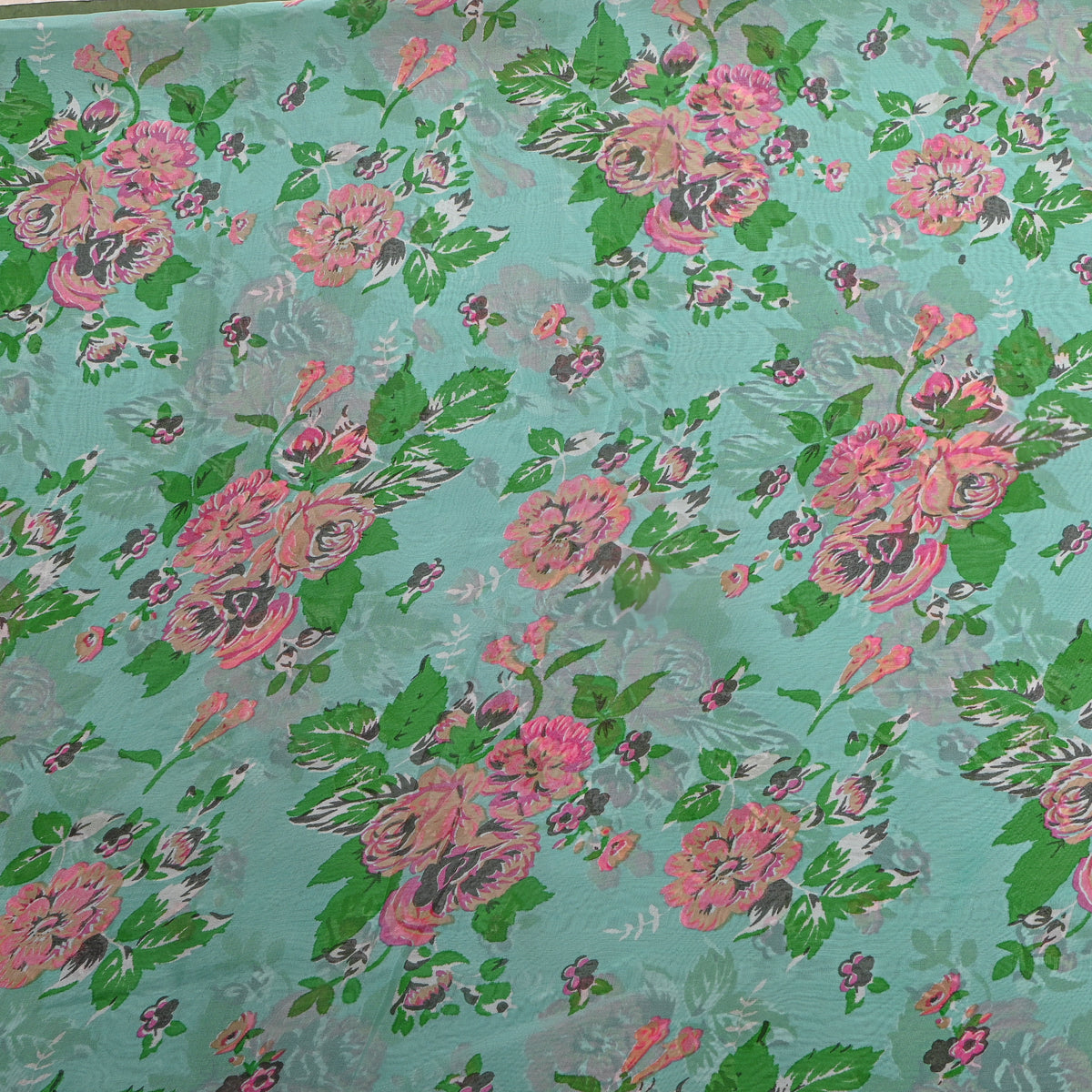 Aqua Green Floral Print Chiffon Fabric