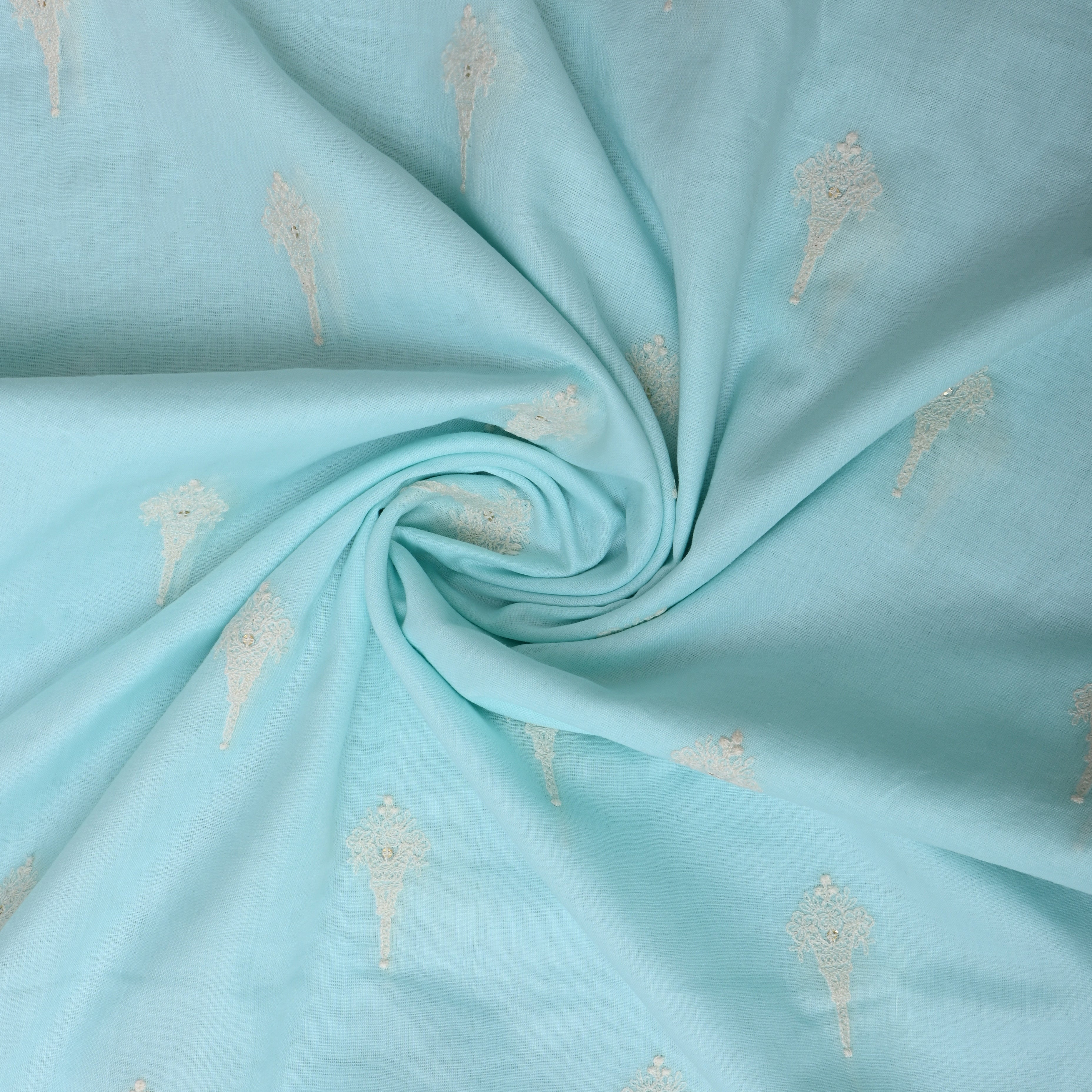 Cyan Blue Floral Thread Embroidered Cotton Fabric