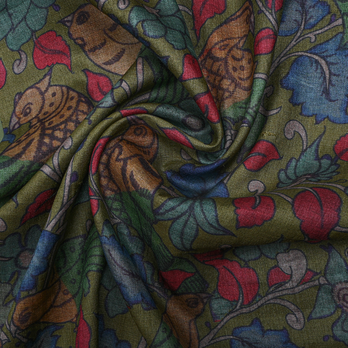 Avocado Green Kalamkari Bird And Floral Digital Print Raw Silk Fabric