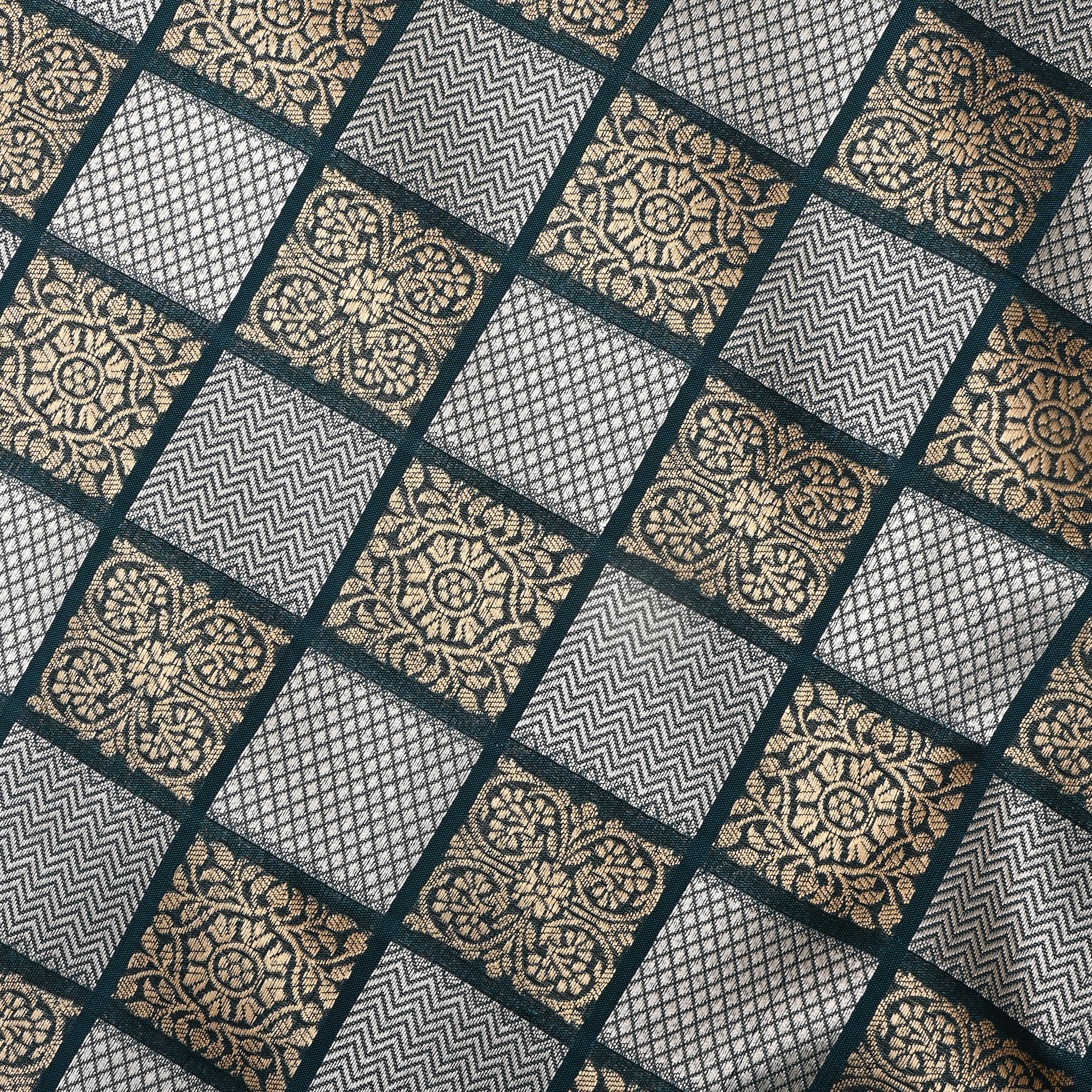 St Patrick'S Blue Banarasi Fabric With Checked Pattern