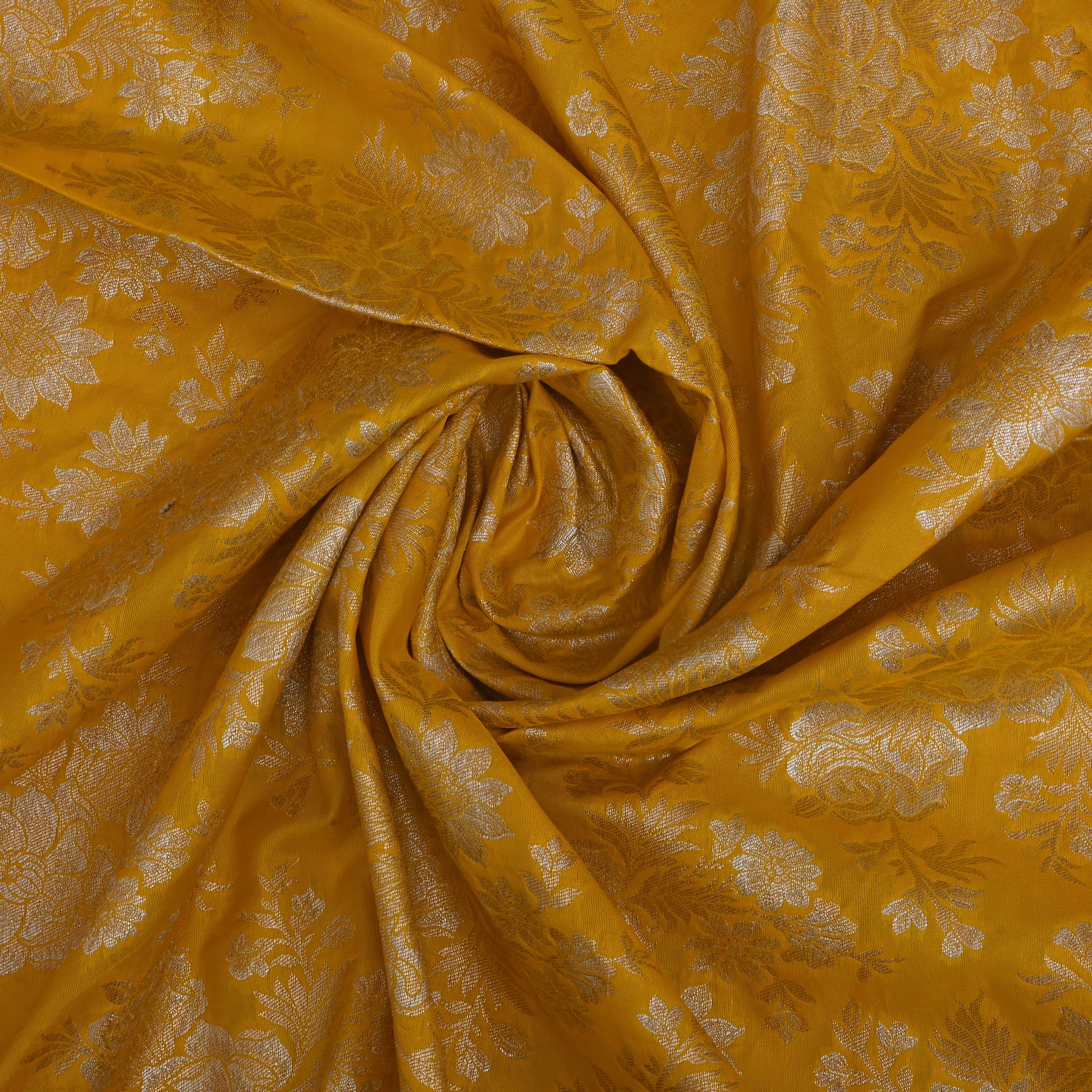 Gold Yellow Banarasi Fabric With Antique Gold Floral Pattern