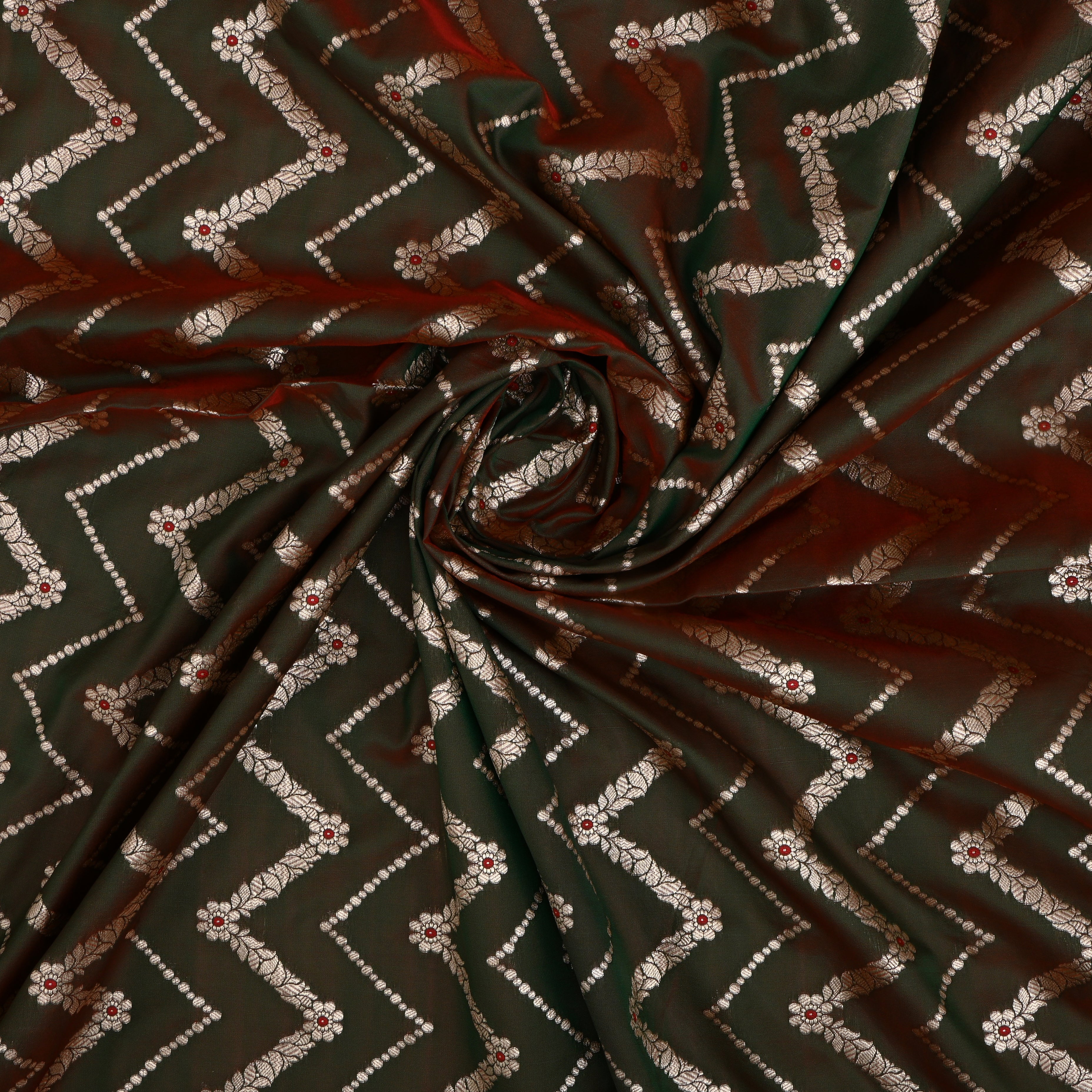 Dark Olive Green Jamawar Silk Fabric